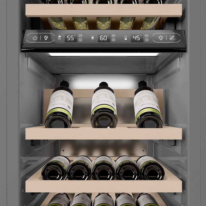 ZLINE Autograph Edition 18-Inch 9.0 Cu. Ft. Triple Zone 68 Bottle Left Hinge Column Wine Cooler in Satin Stainless Steel with Champagne Bronze Accents (RCWVLZ-SN-18-CB)