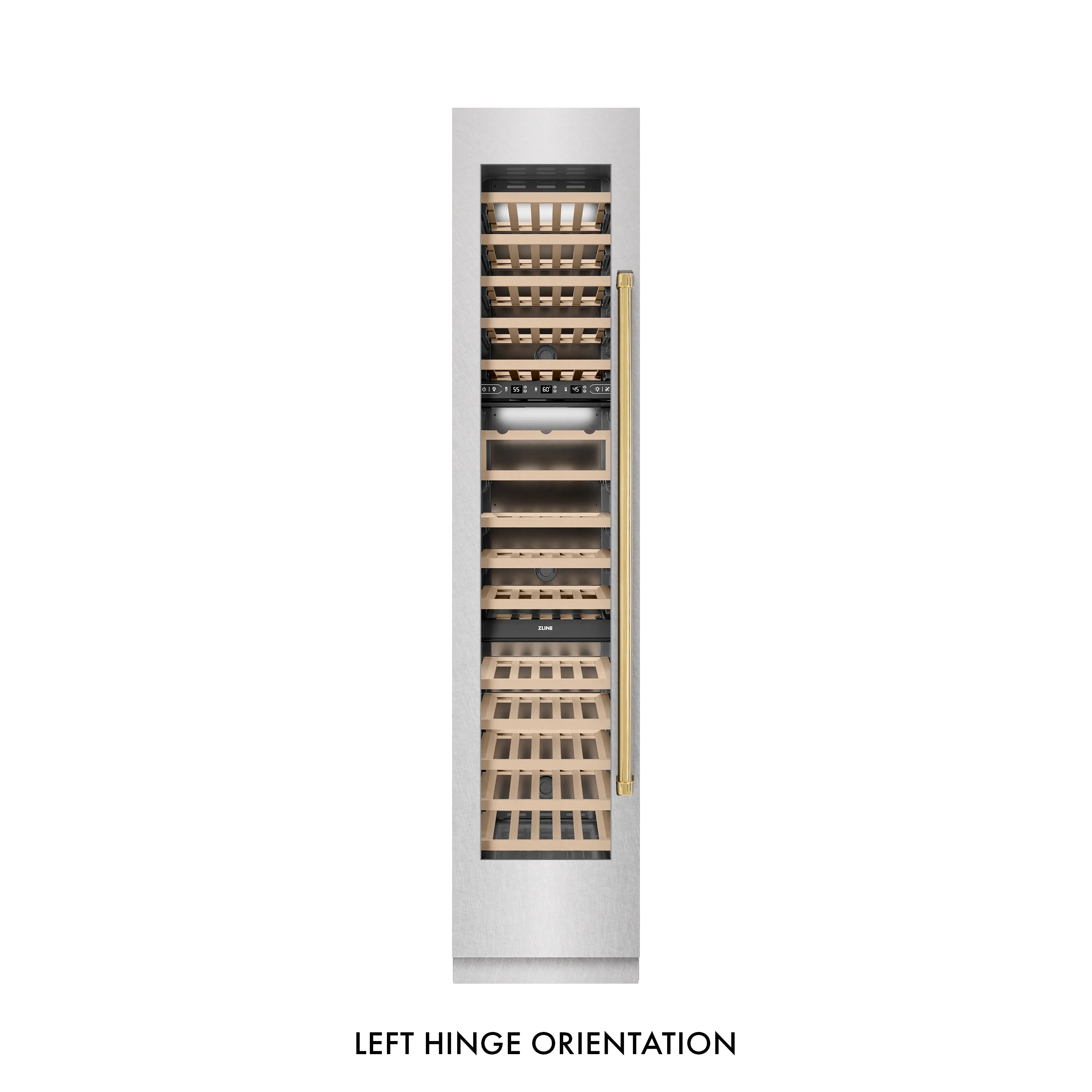 Left-hinge wine cooler open view showing gold handle and wine rack shelves
