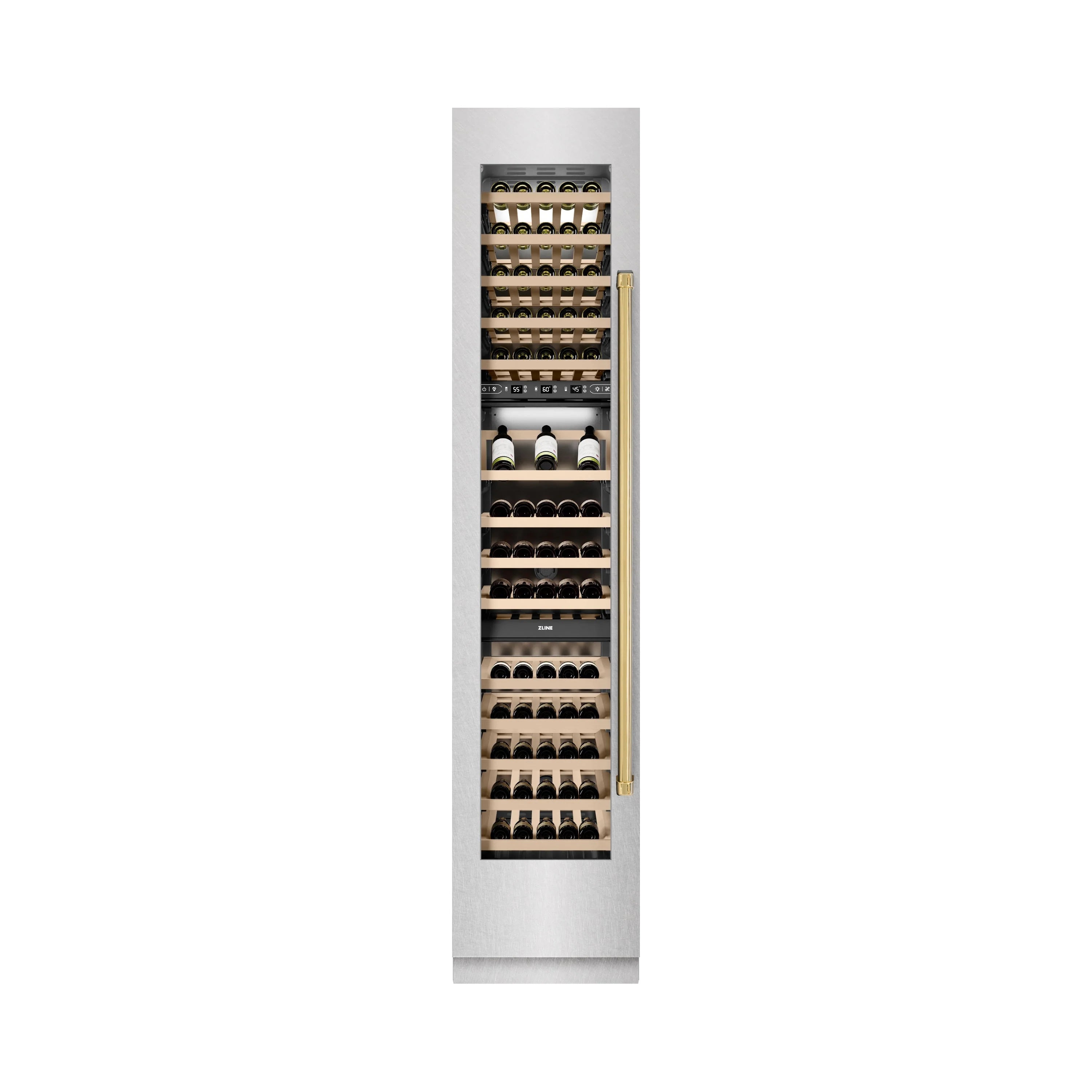 Wine cooler with open door, gold handle, and arranged wine bottle racks