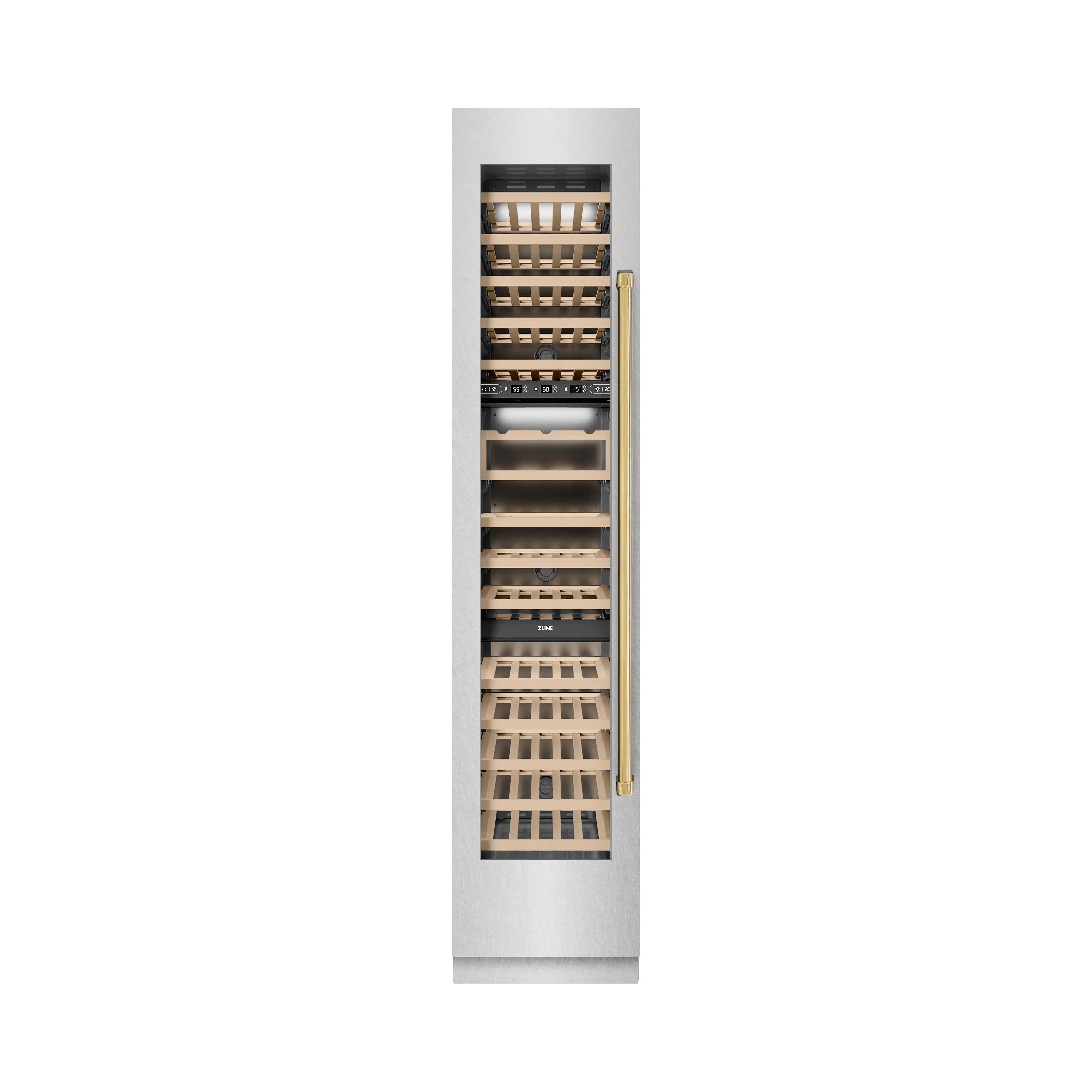 Left-hinge wine cooler with open door, gold handle, and stacked wine racks