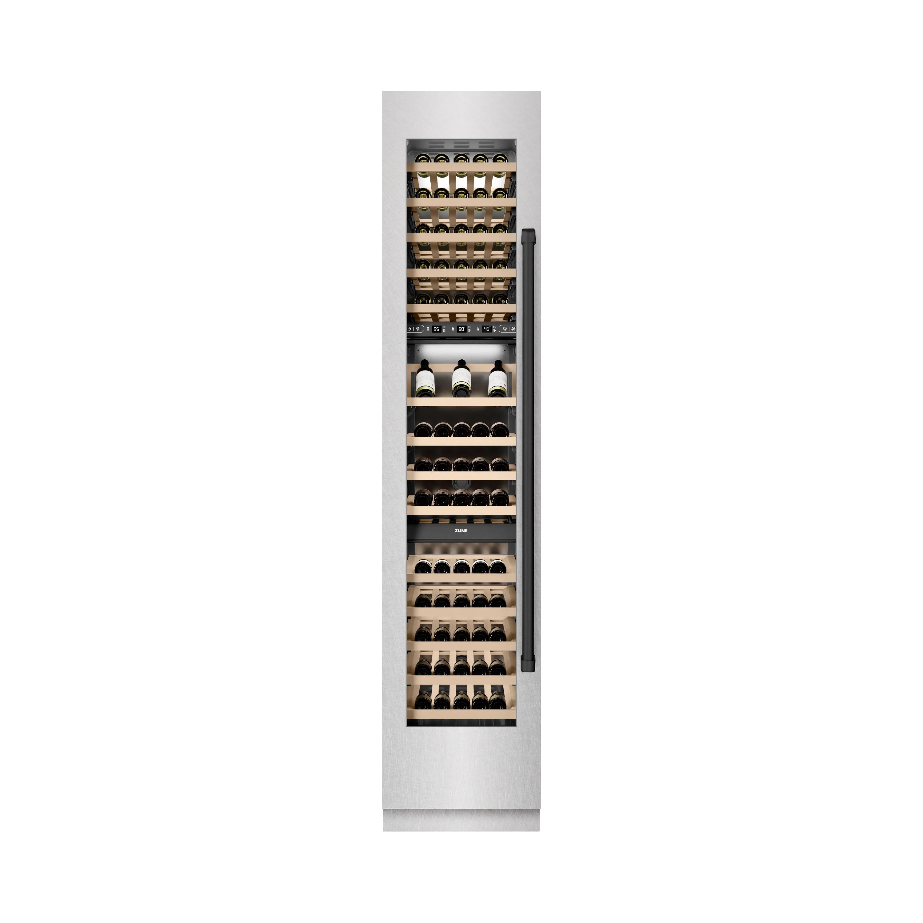 Wine cooler with stainless door and wooden racks storing assorted wine bottles