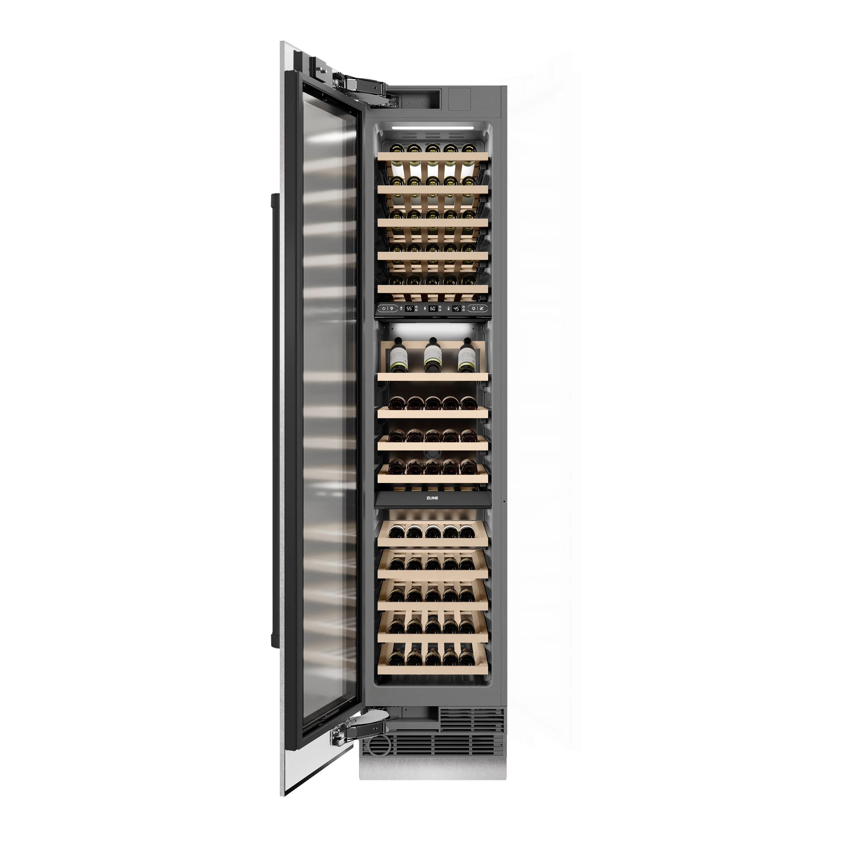 Wine cooler door open with bottles on wooden shelves inside
