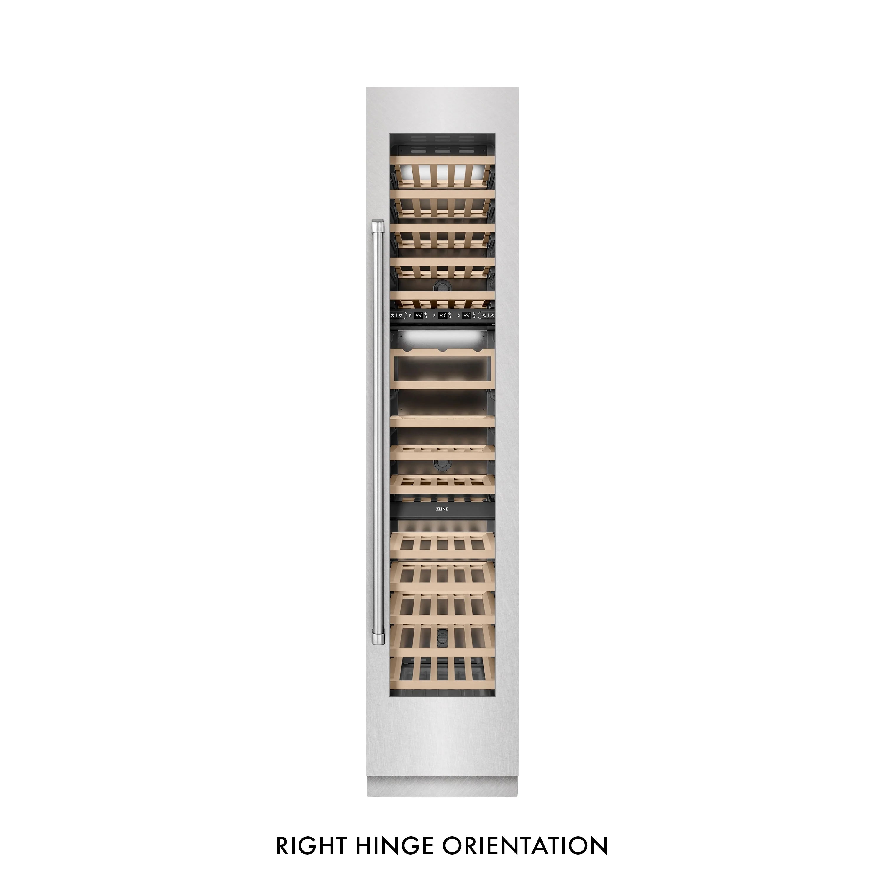 Right-hinged wine cooler door open view with birch wood racks and shelves
