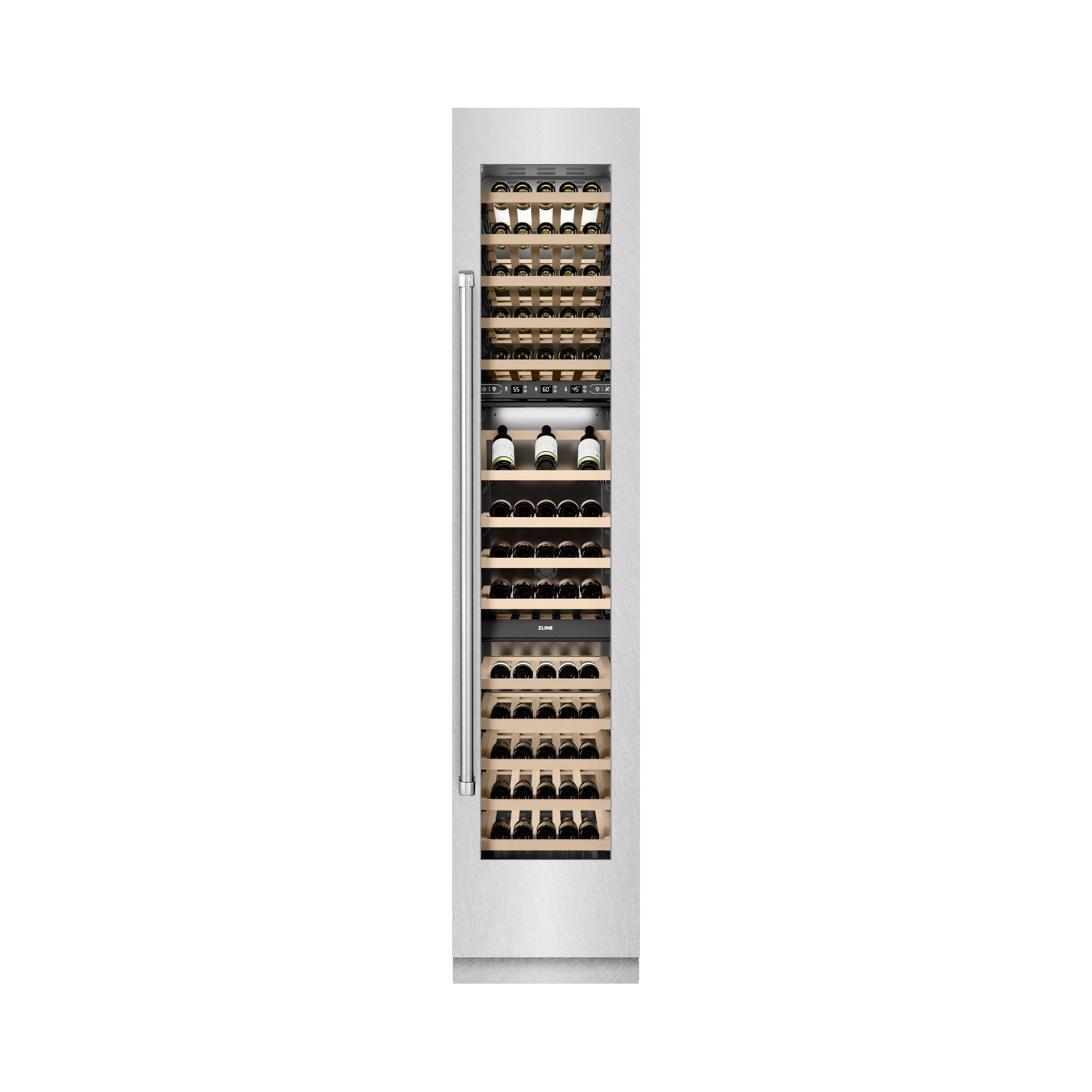 Tall wine cooler interior with multiple birch wood rack levels and bottle display