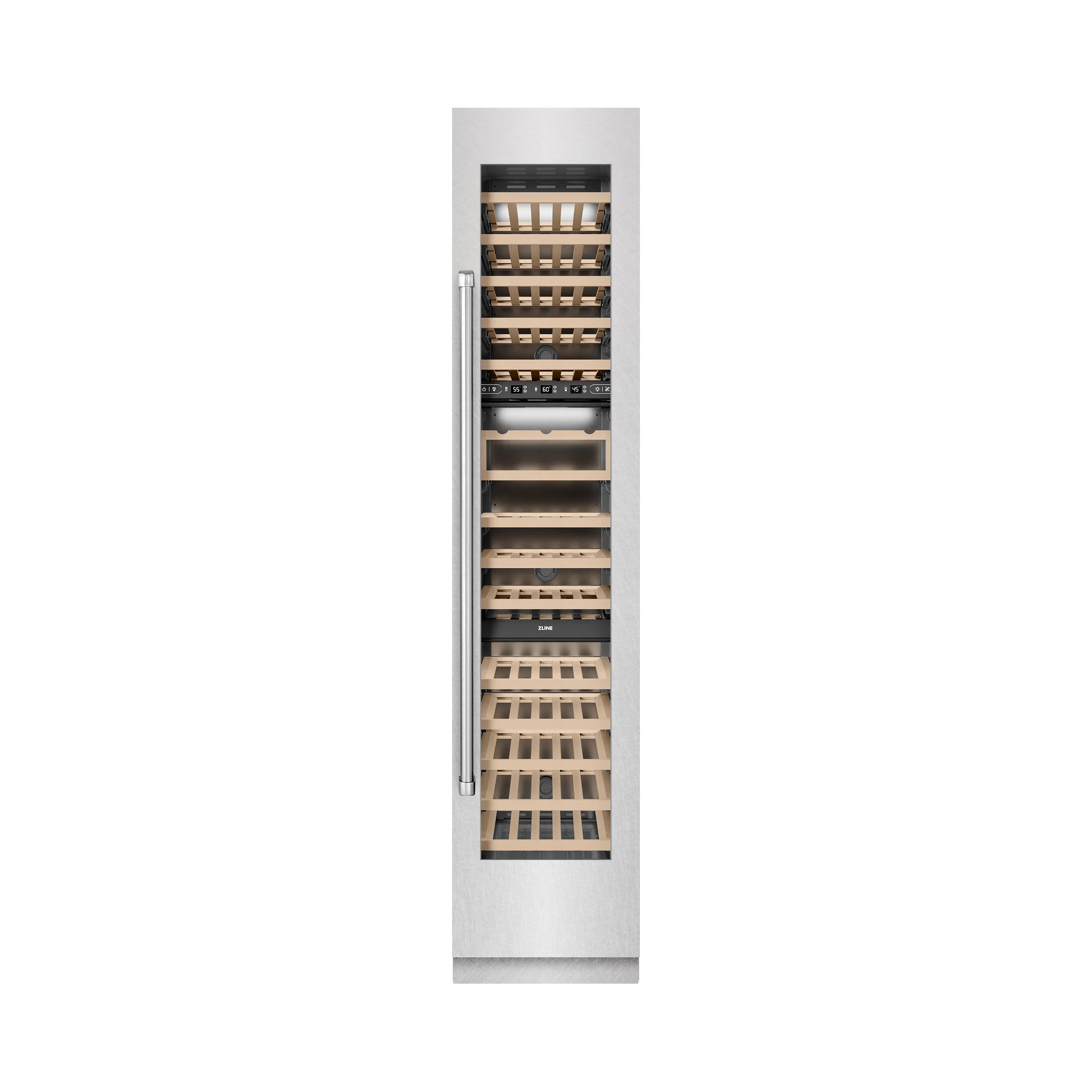 Built-in wine cooler with door open, showing birch wood racks and bottle storage