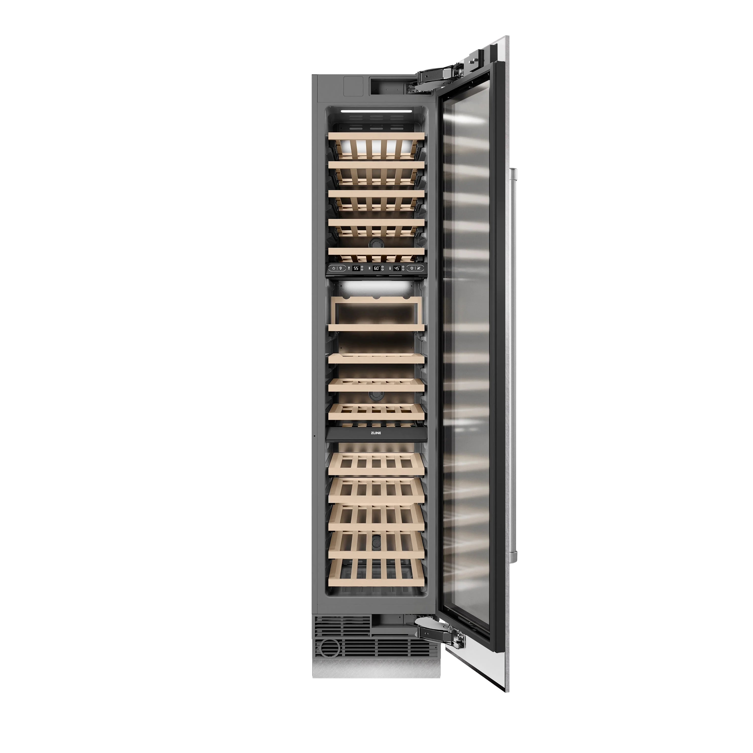 Built-in wine cooler with stainless door open, showing lit racks and bottle storage