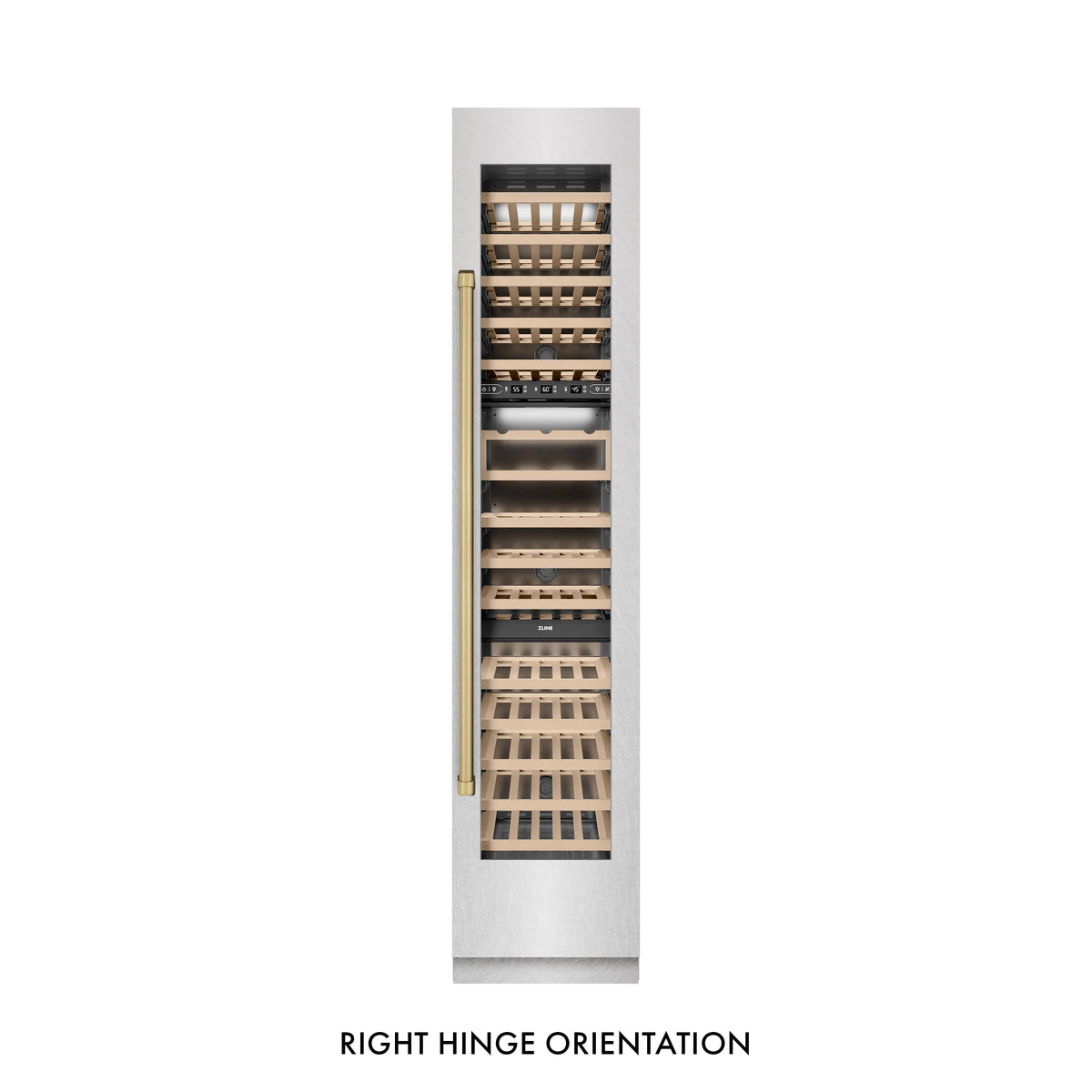 Wine cooler front view with champagne bronze handle and right-hinge orientation