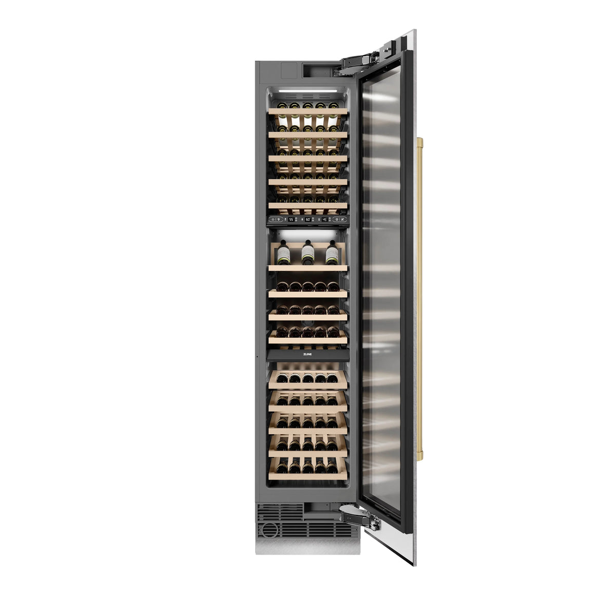 Stainless steel wine cooler with right-hinged open door stocked with wine bottles