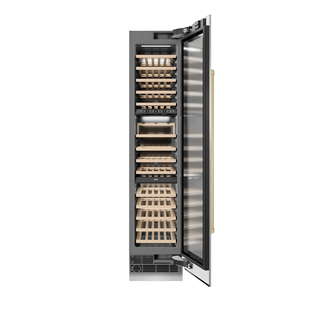 Stainless steel wine cooler with right-hinged open door and wood shelves inside