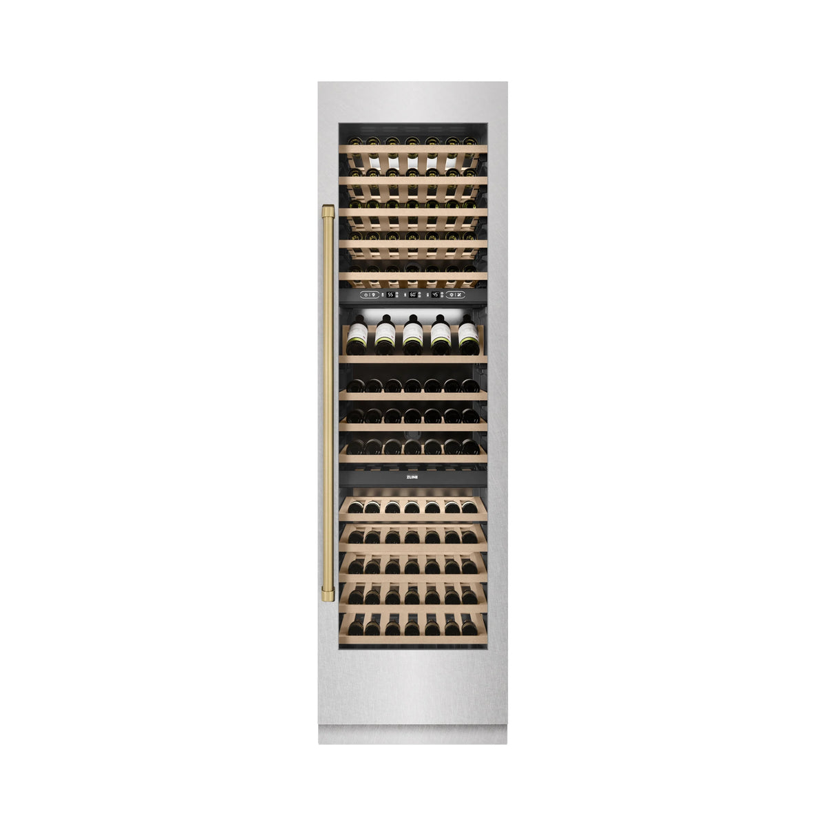 Open wine cooler with birch wood racks holding bottles in multiple rows
