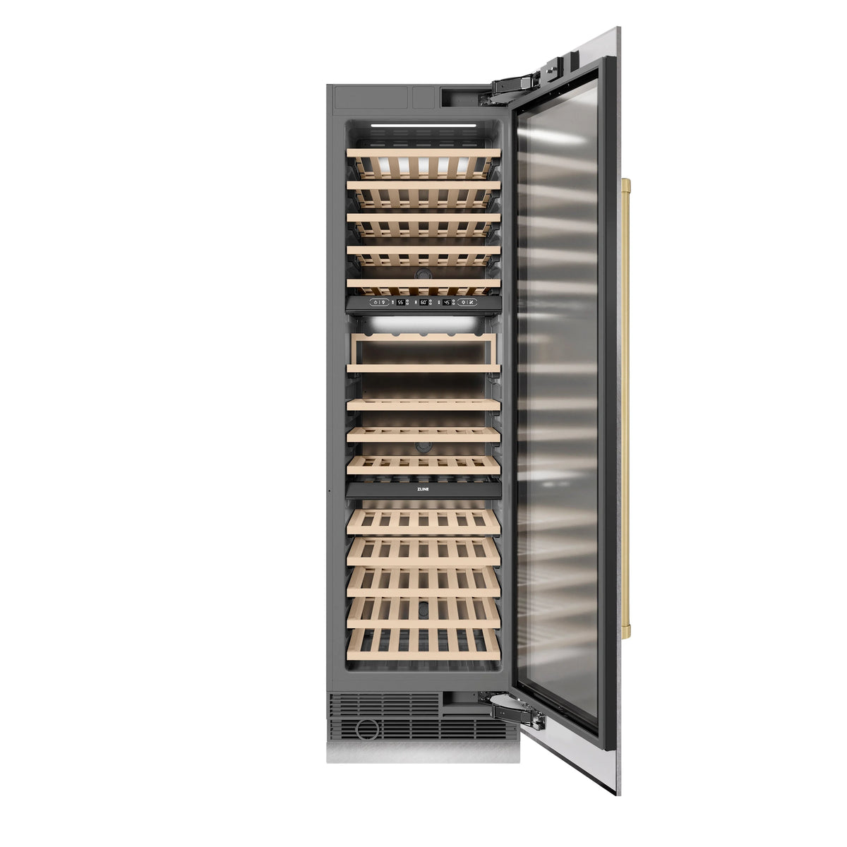 Open wine cooler with birch wood racks, stainless door, and front grille