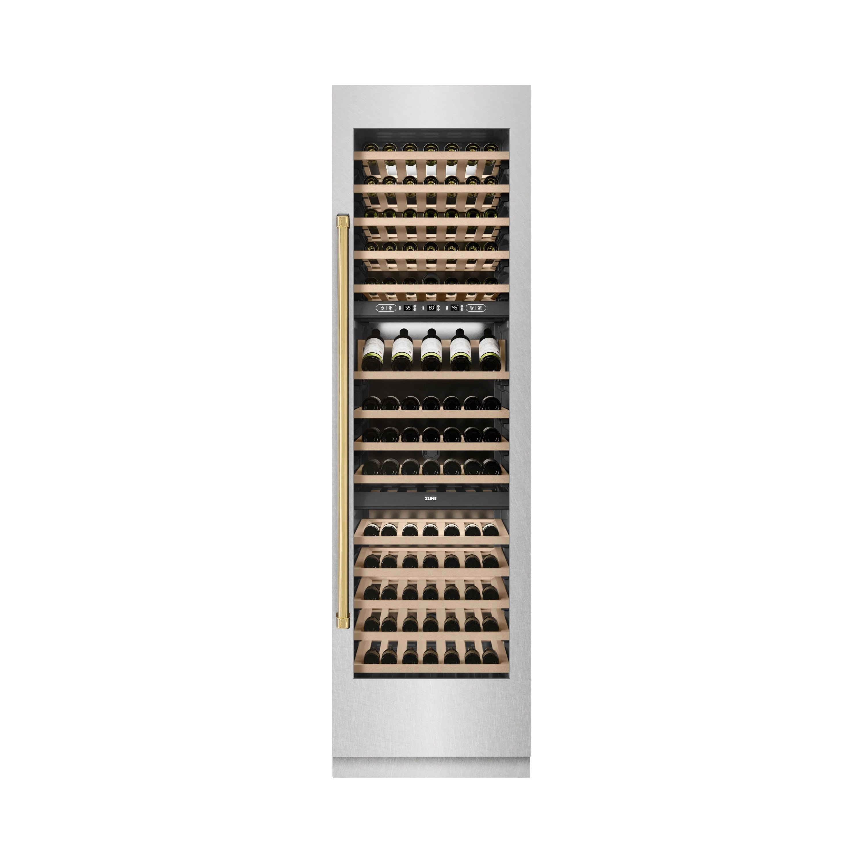 Stainless steel column wine cooler front view with wooden wine racks and bottles.