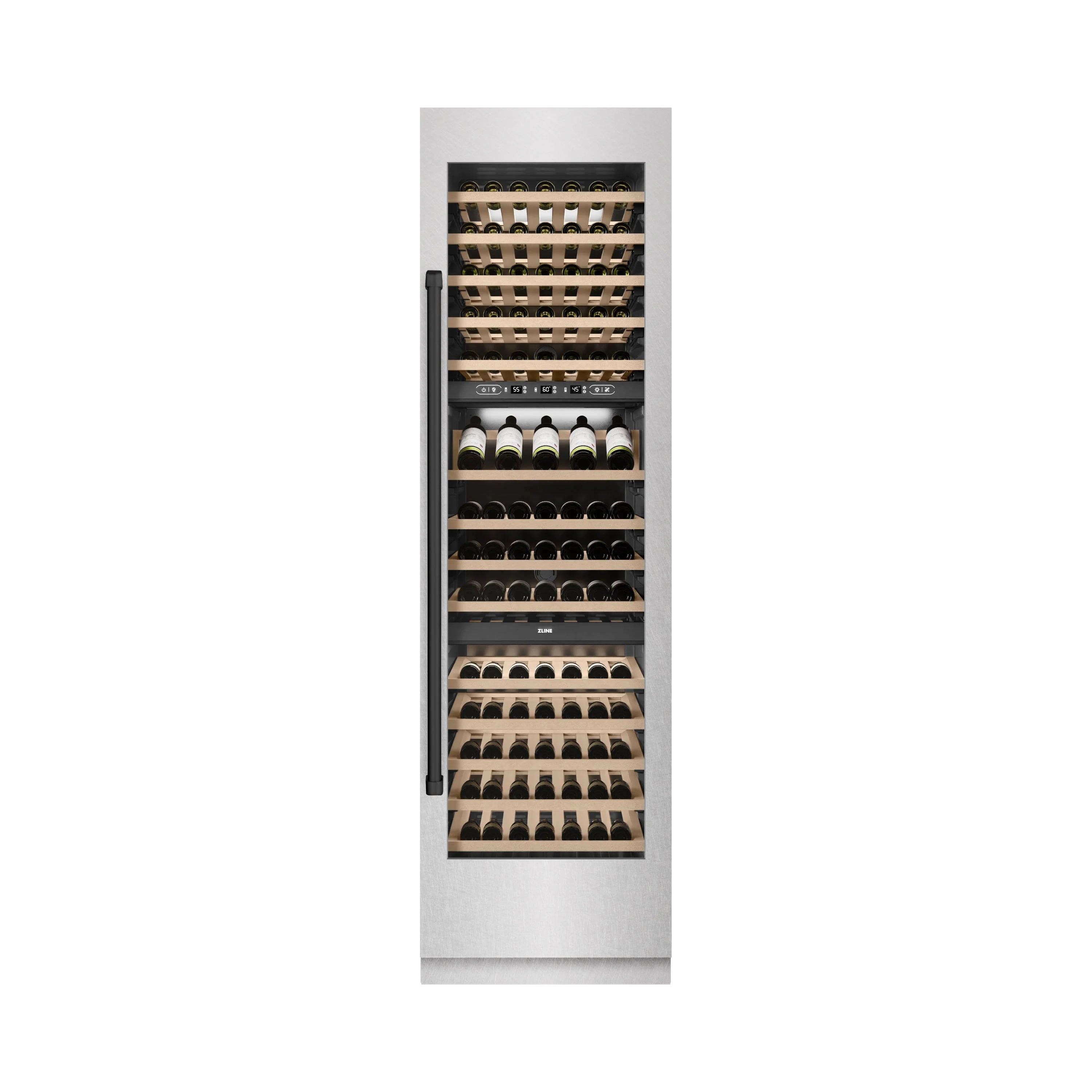 Wine cooler open door with stacked wooden shelves holding wine bottles