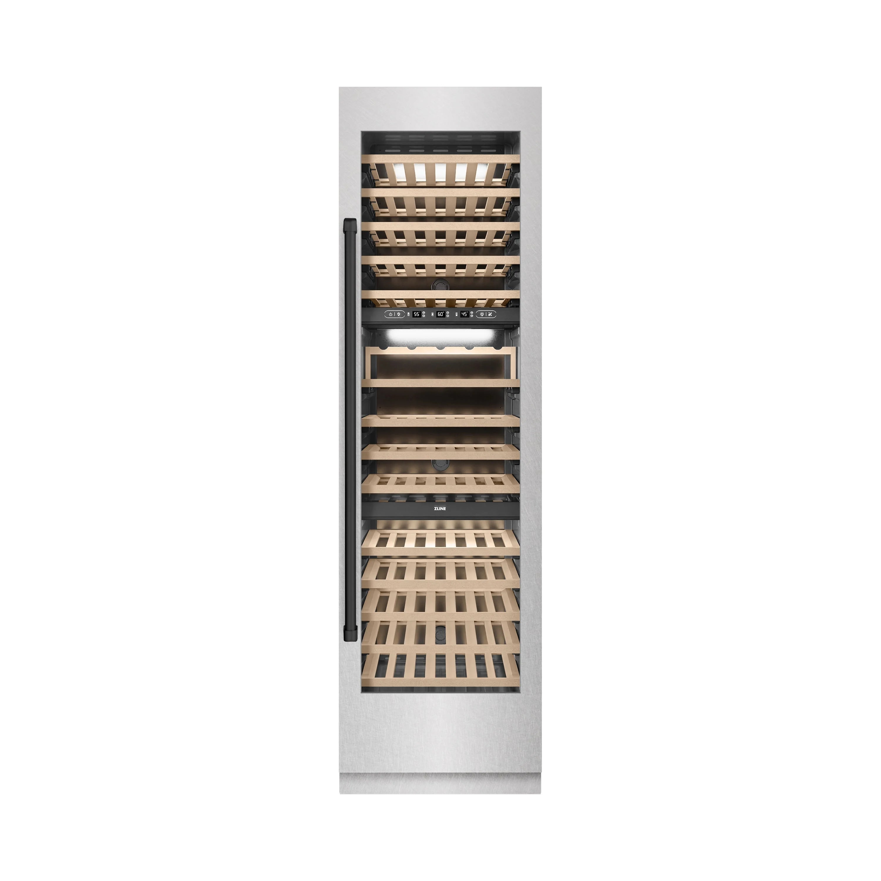 Wine cooler with open door showing wooden racks and wine bottle storage