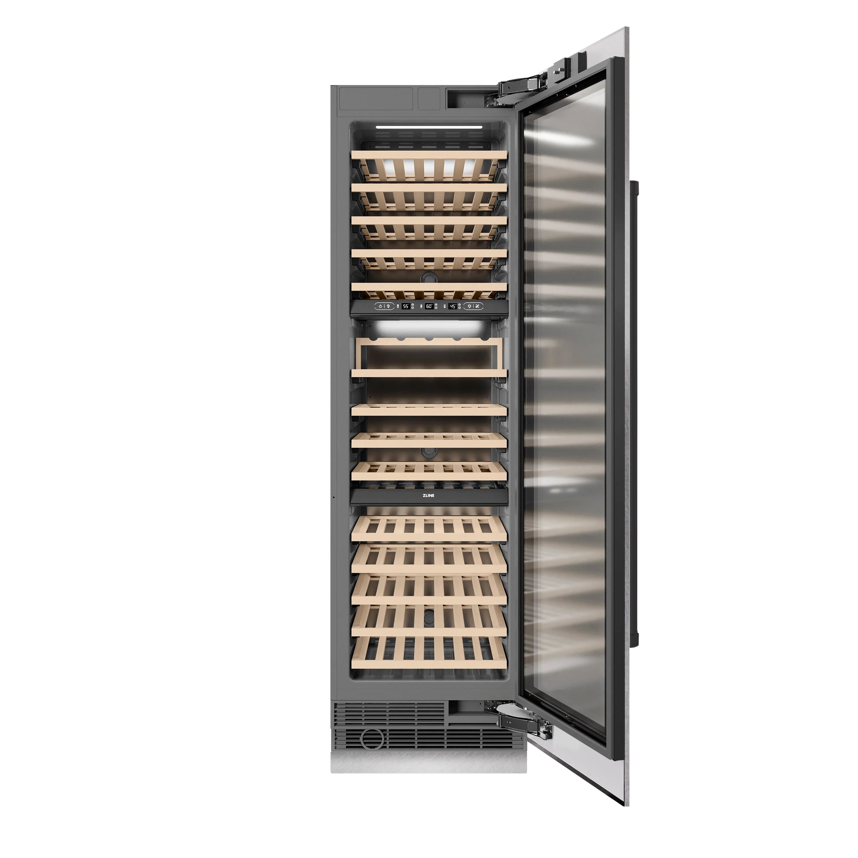 Stainless wine cooler with open door and wooden racks for multiple bottles