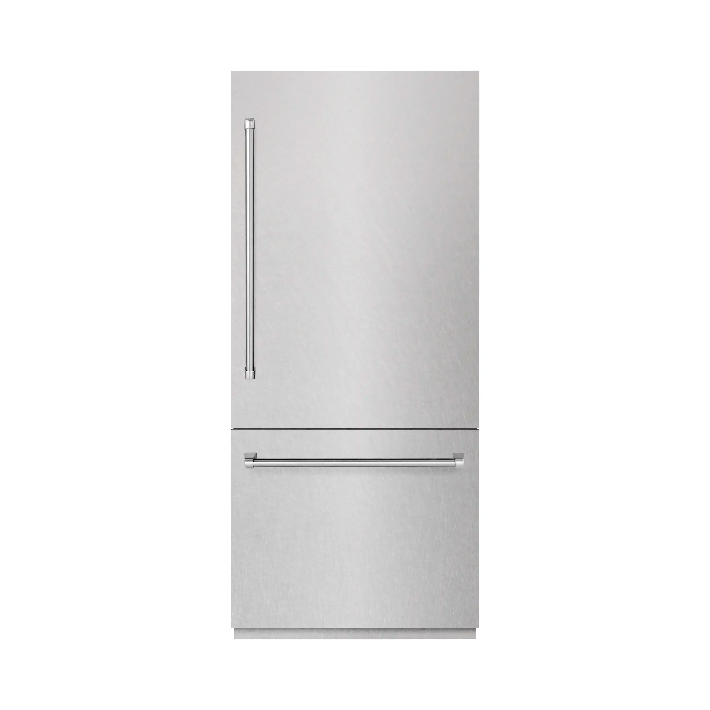 Satin stainless refrigerator with two doors and long pull handle