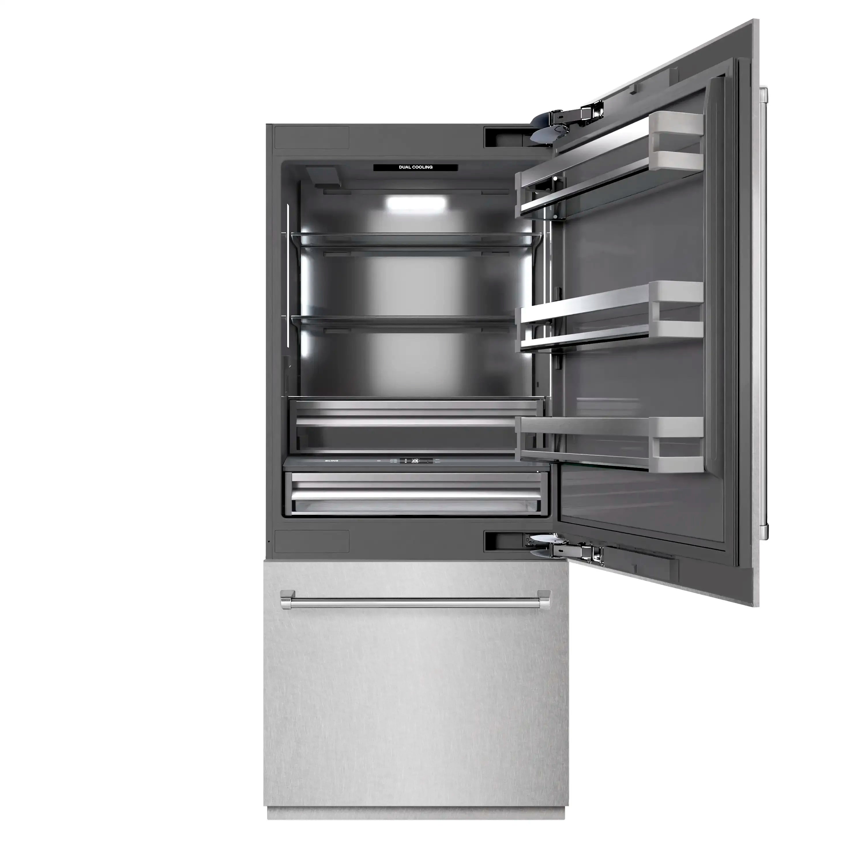 Open refrigerator with lit compartments, freezer drawer, and upper shelving
