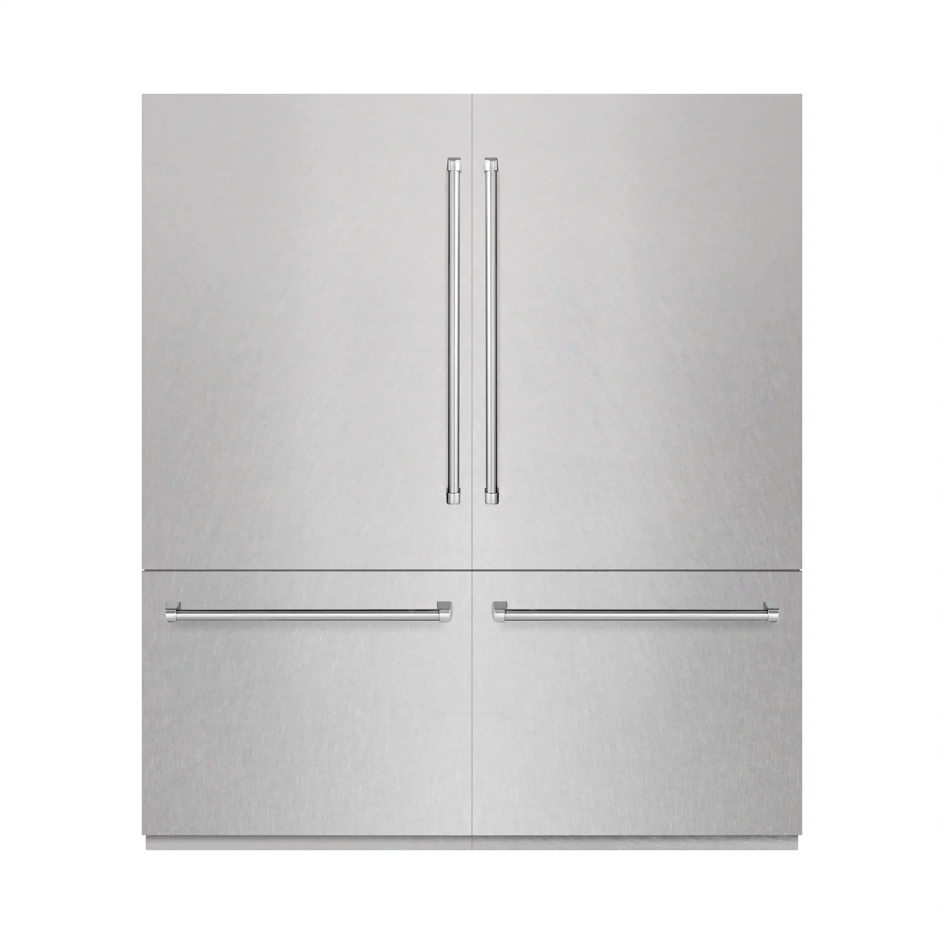 French door refrigerator with satin stainless exterior and two vertical pull handles.