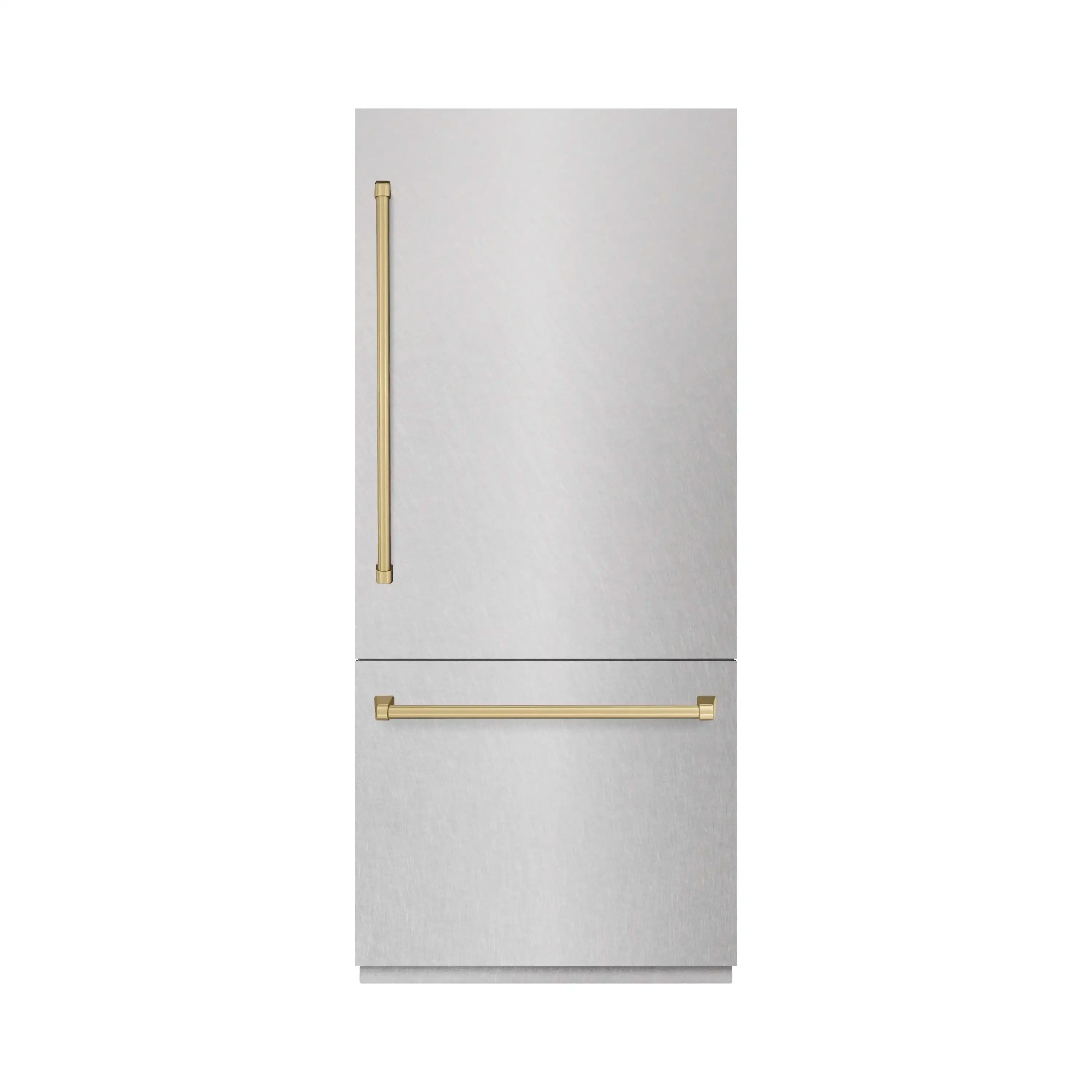 Bottom freezer refrigerator doors with champagne bronze bar handles
