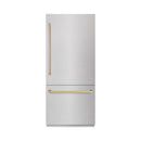 ZLINE Autograph Edition 36-Inch 19.8 Cu. Ft. Built-In Bottom Freezer Refrigerator with Water Dispenser and Ice Maker in Satin Stainless Steel with Graphite Gray Interior and Champagne Bronze Accents (GRBITZ-SN-36-CB)
