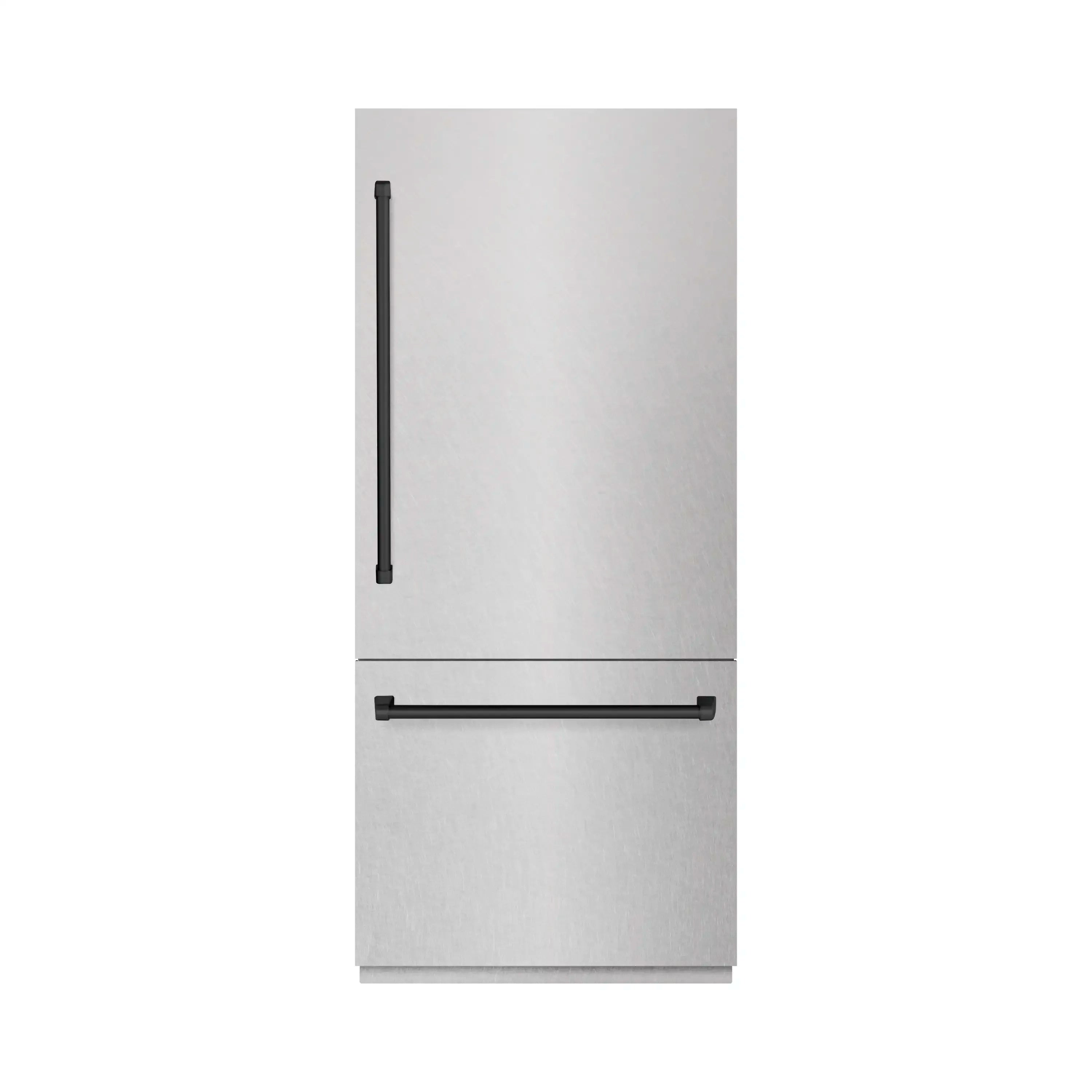 Bottom freezer refrigerator with satin stainless door, black handle bars, and sleek dispenser area
