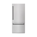 ZLINE Autograph Edition 36-Inch 19.8 Cu. Ft. Built-In Bottom Freezer Refrigerator with Water Dispenser and Ice Maker in Satin Stainless Steel with Graphite Gray Interior and Matte Black Accents (GRBITZ-SN-36-MB)
