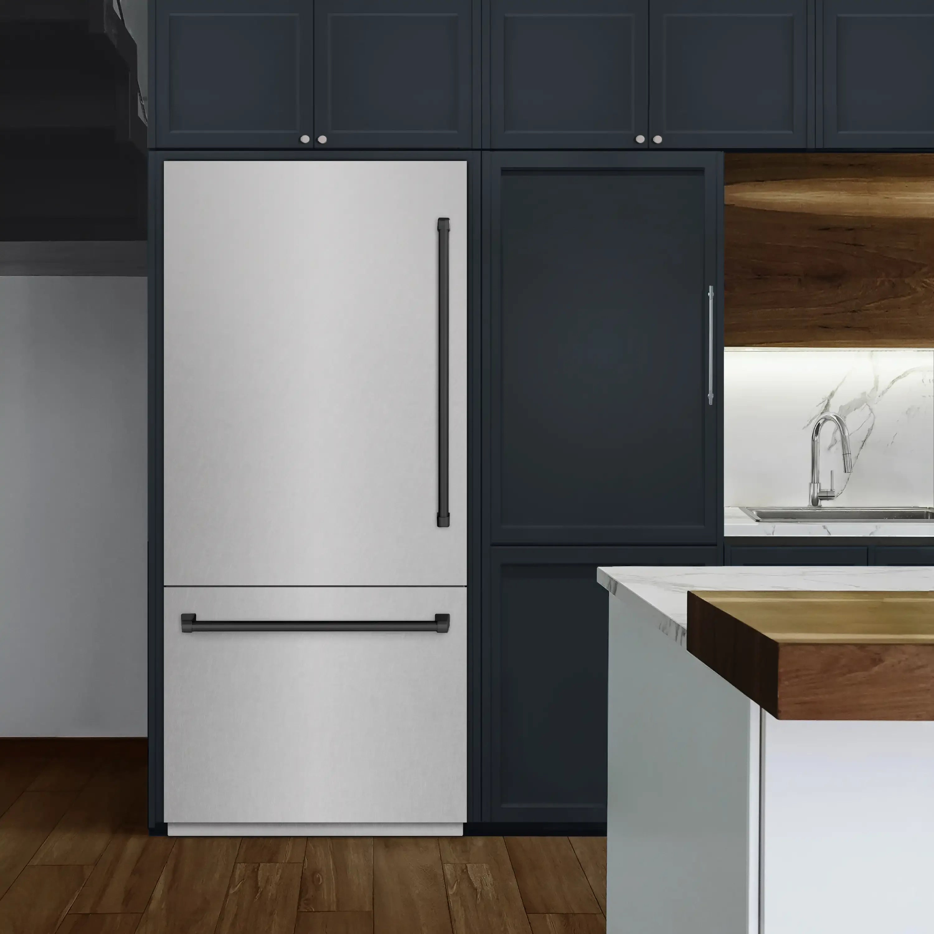 Built-in bottom freezer refrigerator with two-door design, satin stainless finish and dark accents