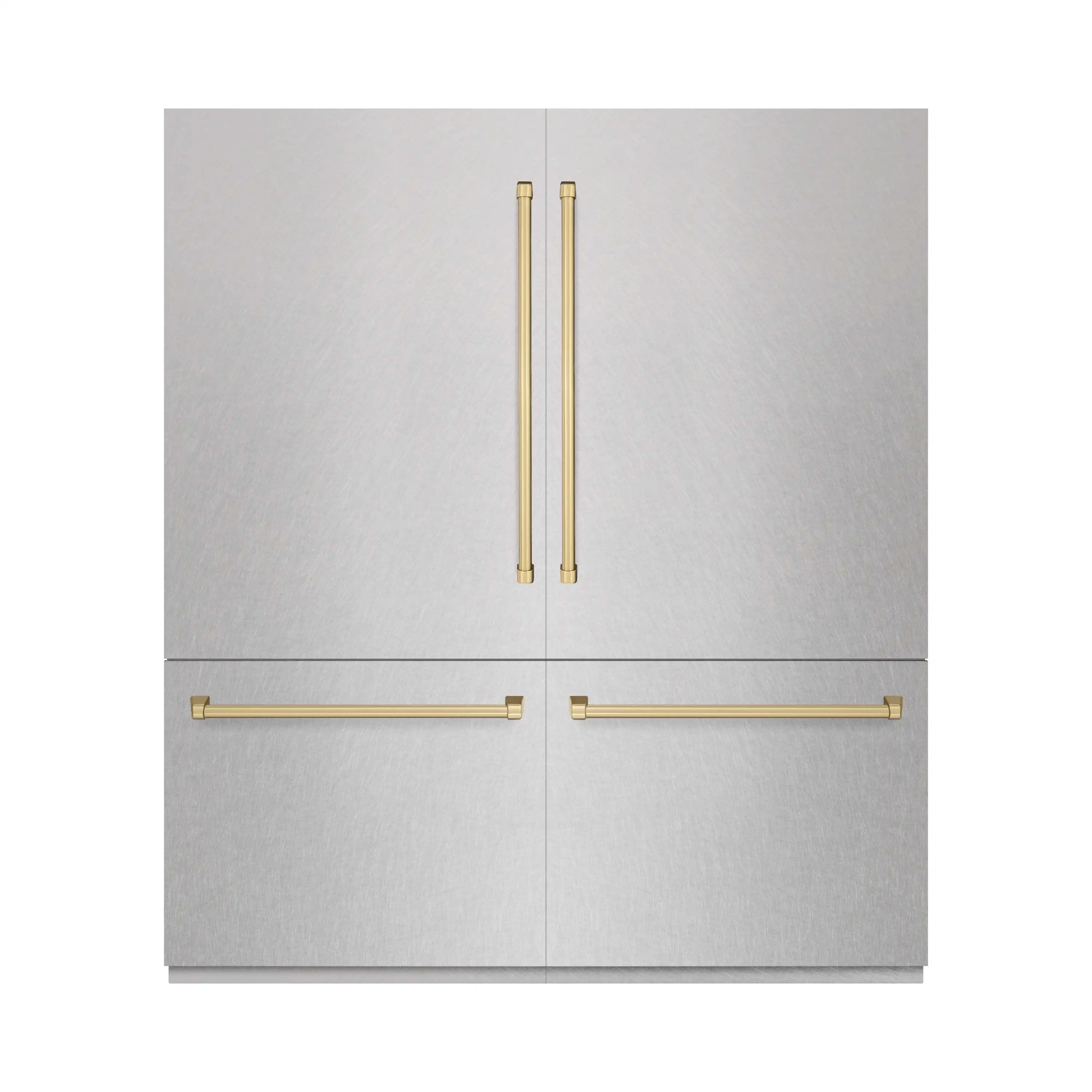 French door refrigerator exterior with champagne bronze handle bars on satin stainless