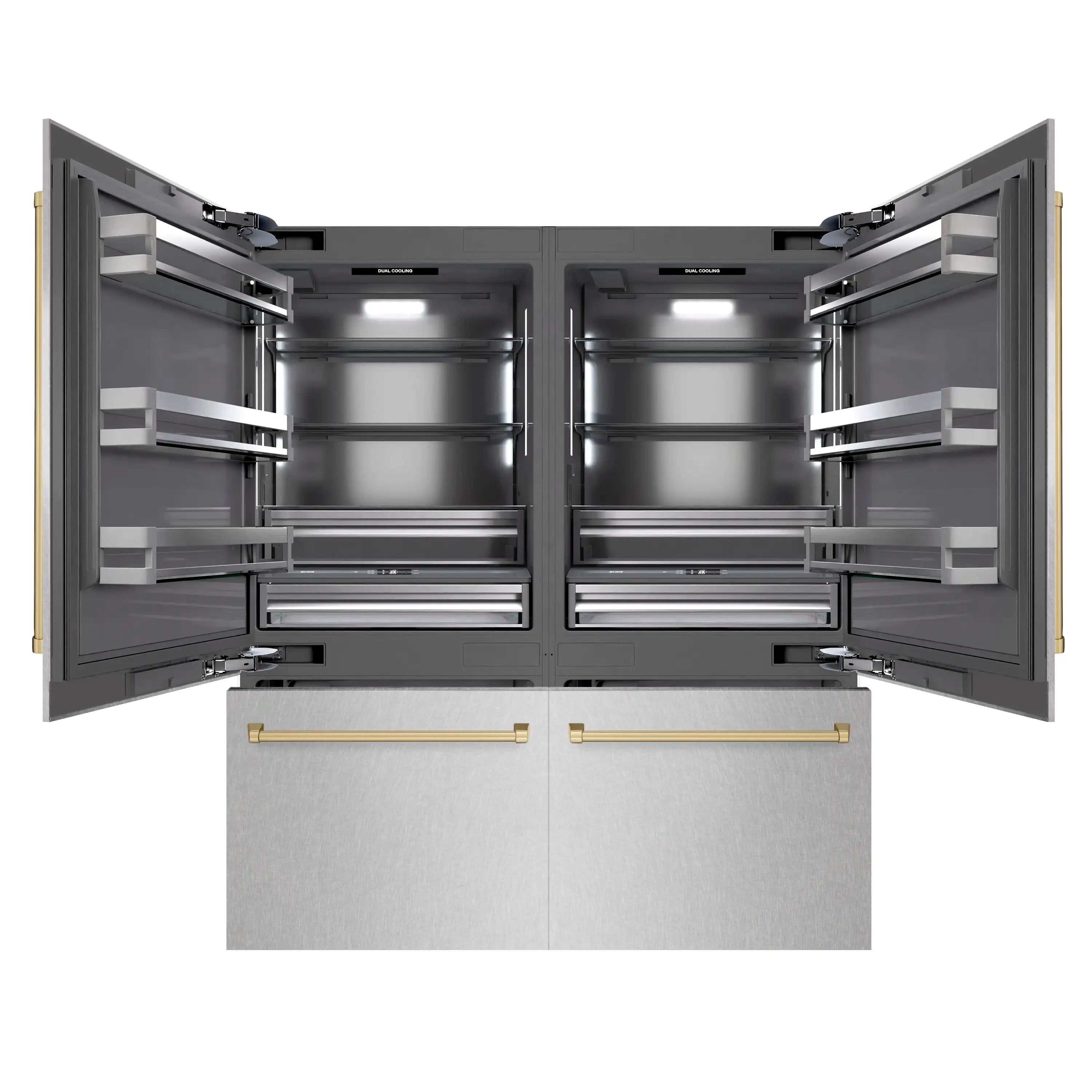 Open French door refrigerator view with multi-level shelves and soft interior lighting