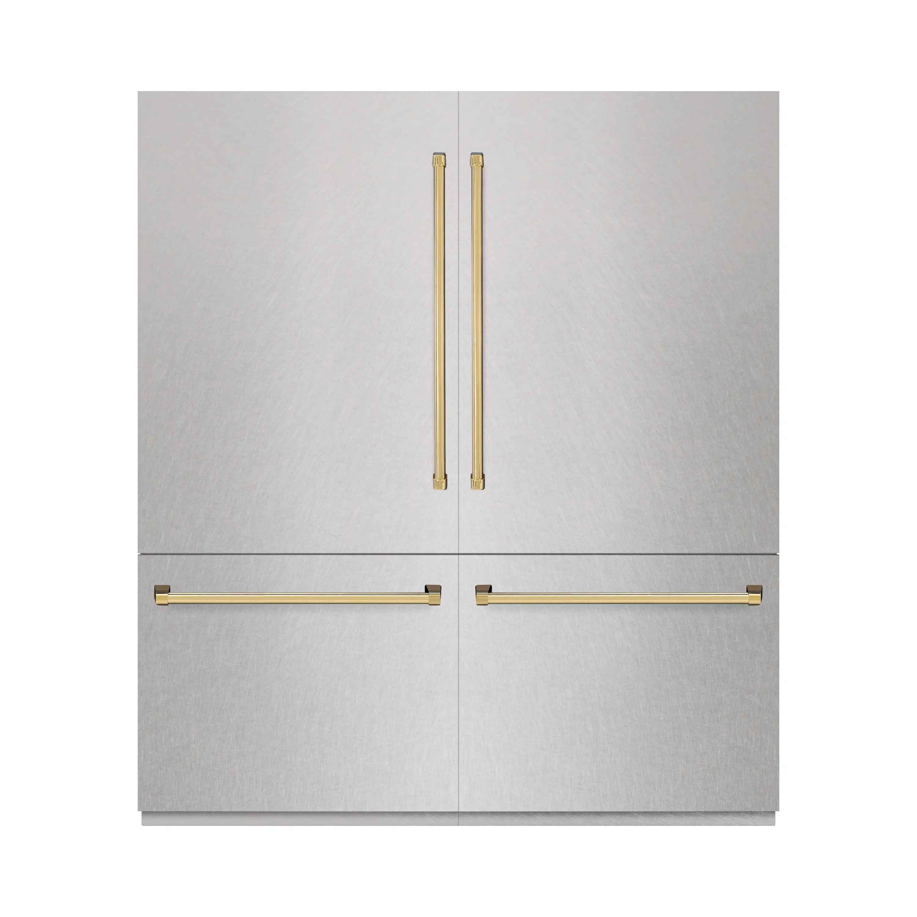 Refrigerator door handles set in polished gold for top doors and center bar