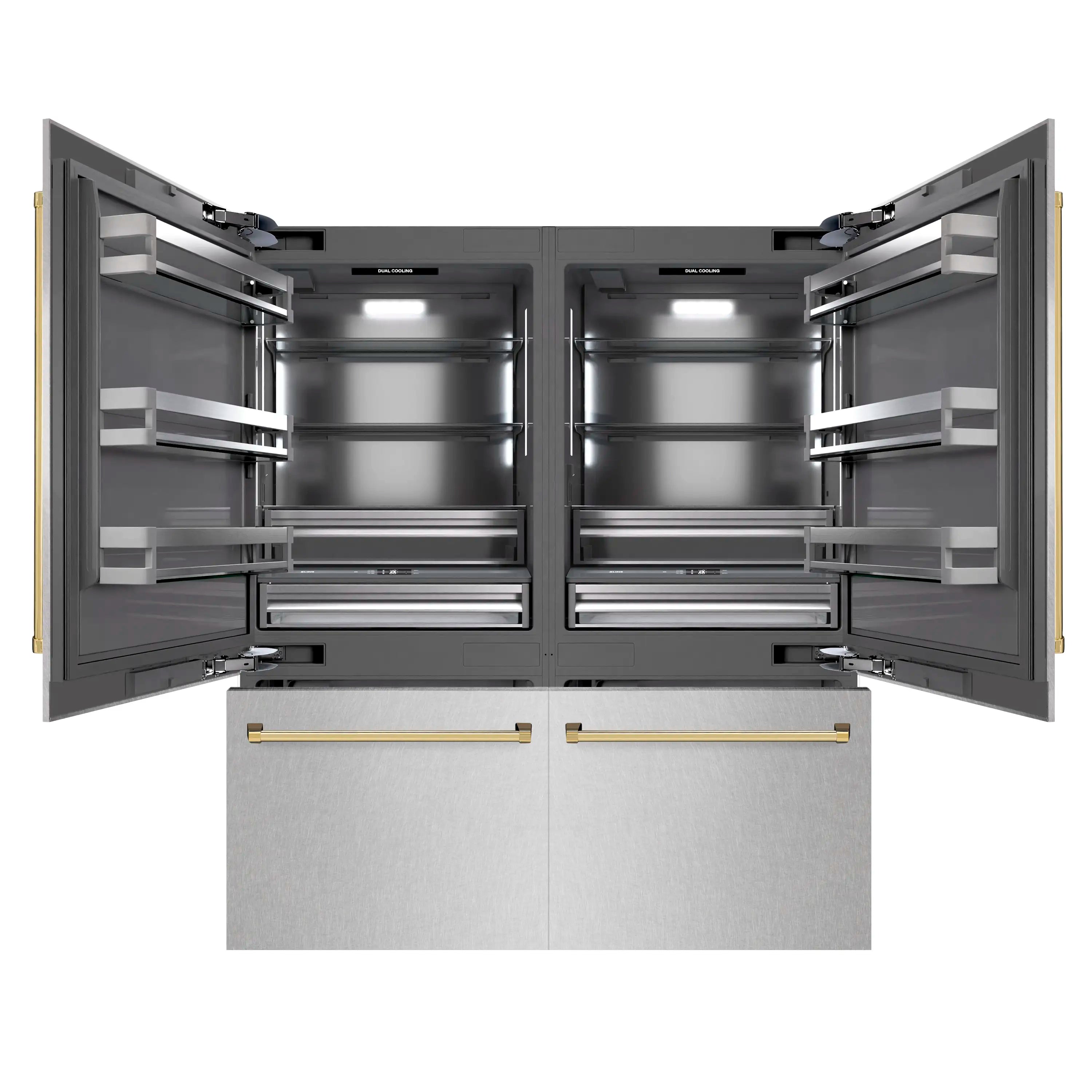 Open refrigerator interior with adjustable shelves on both sides and gold handle accents