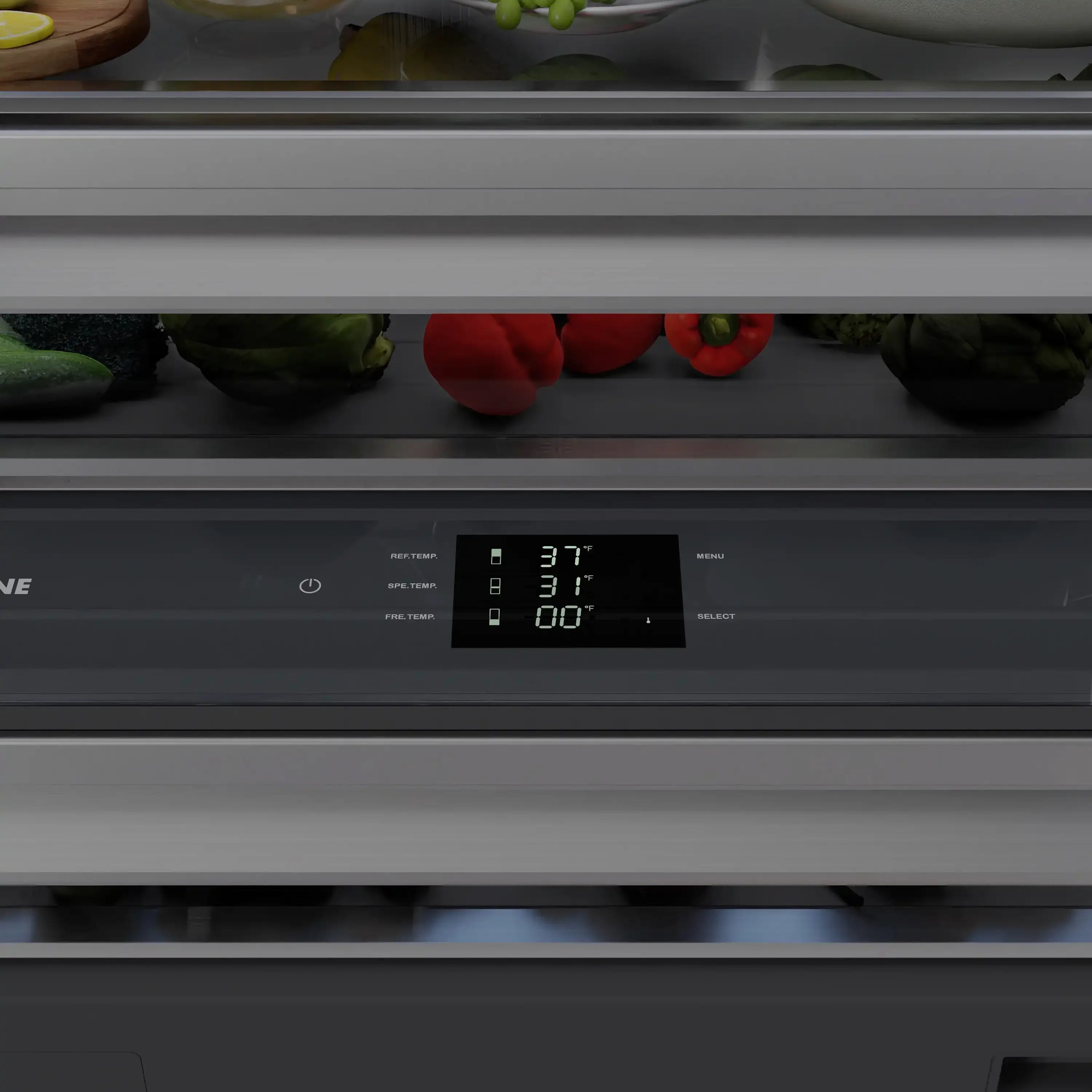French door refrigerator with bottom freezer control panel and digital display