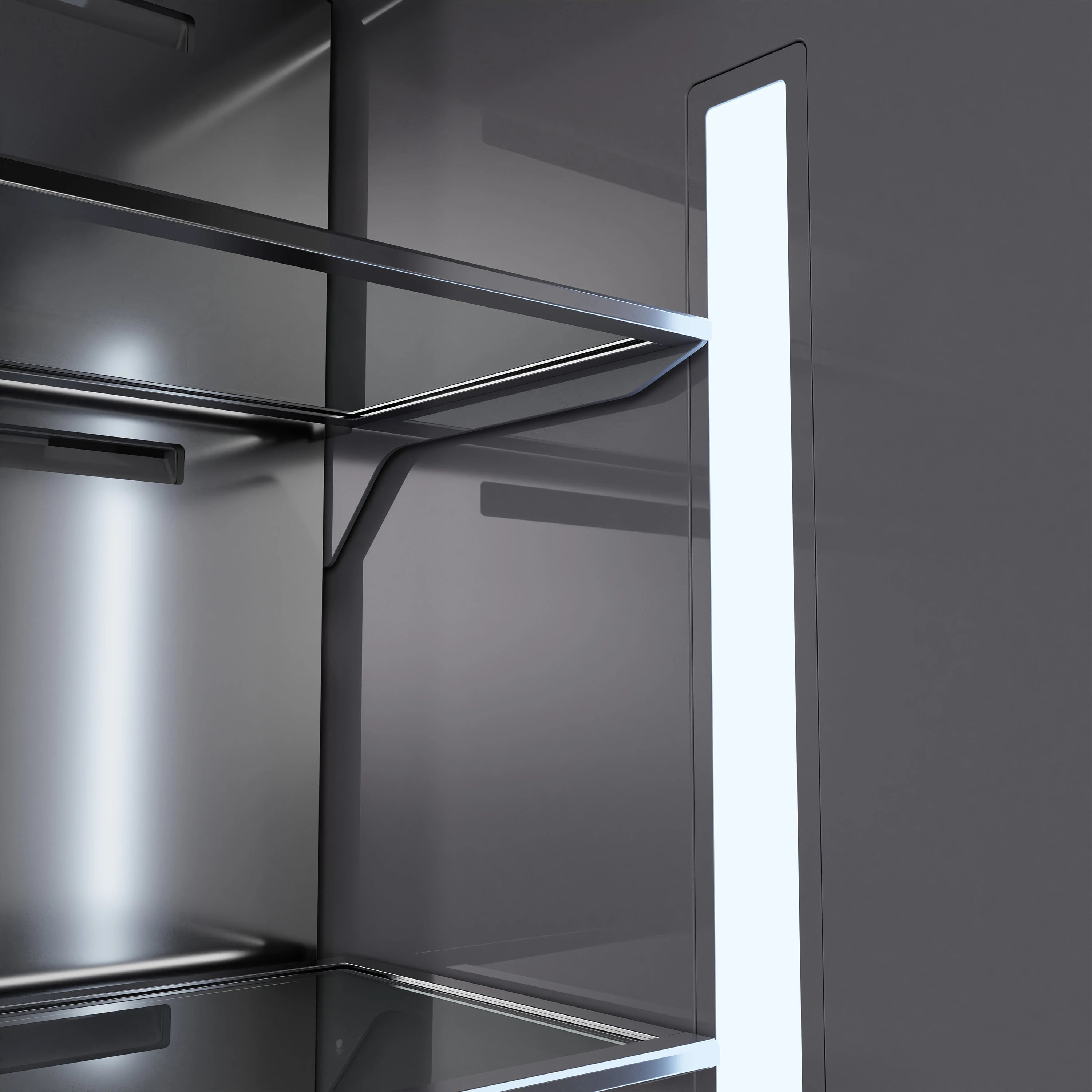 Open freezer door showing interior shelf rails and storage shelves