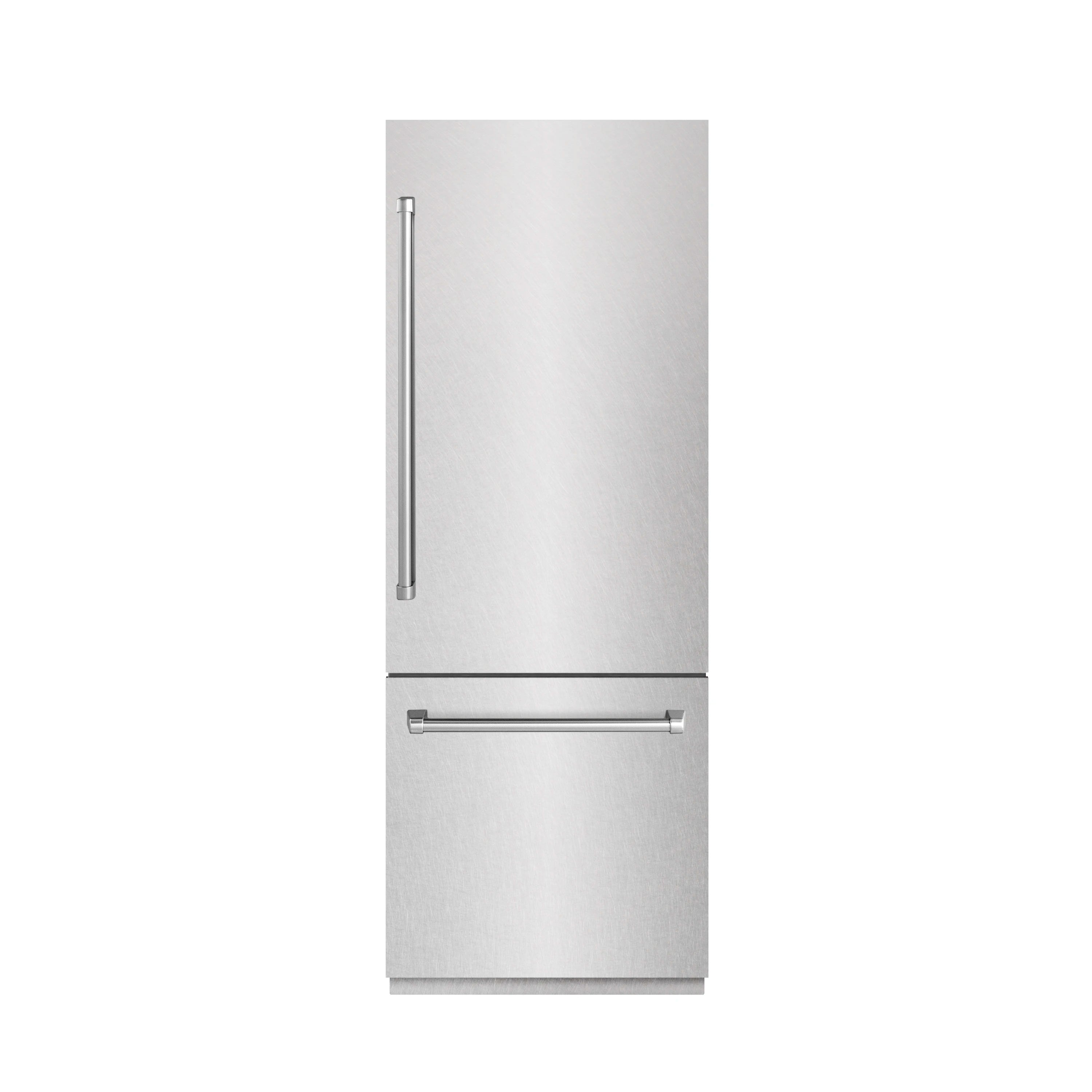 Satin stainless steel bottom freezer refrigerator with water dispenser handle