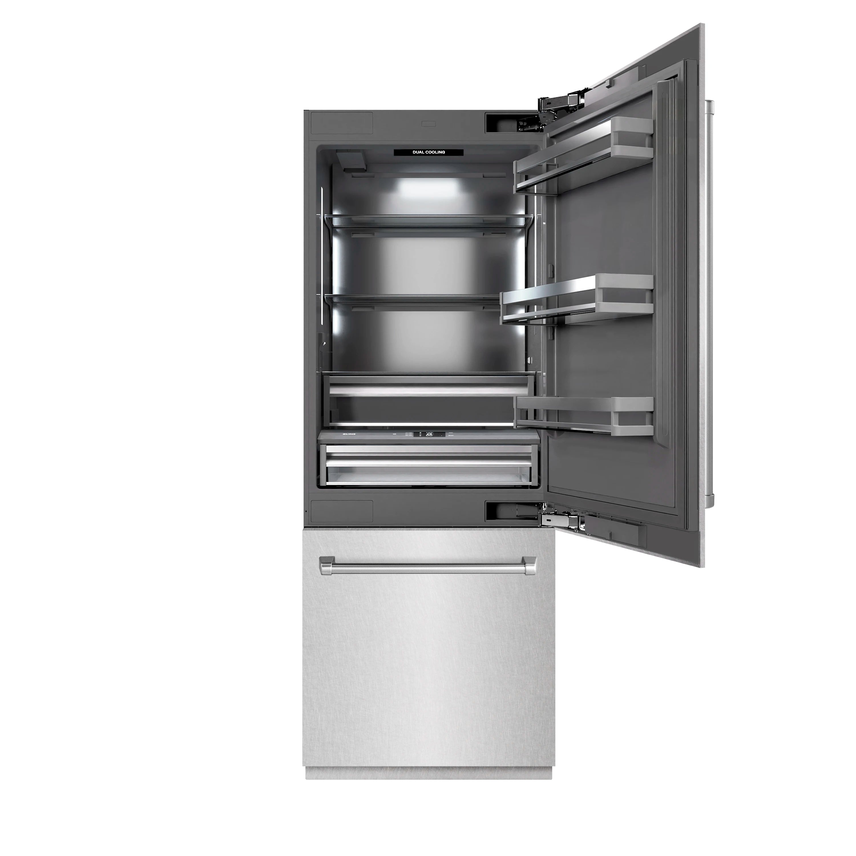 Built-in bottom freezer refrigerator open, showing interior shelves and drawers