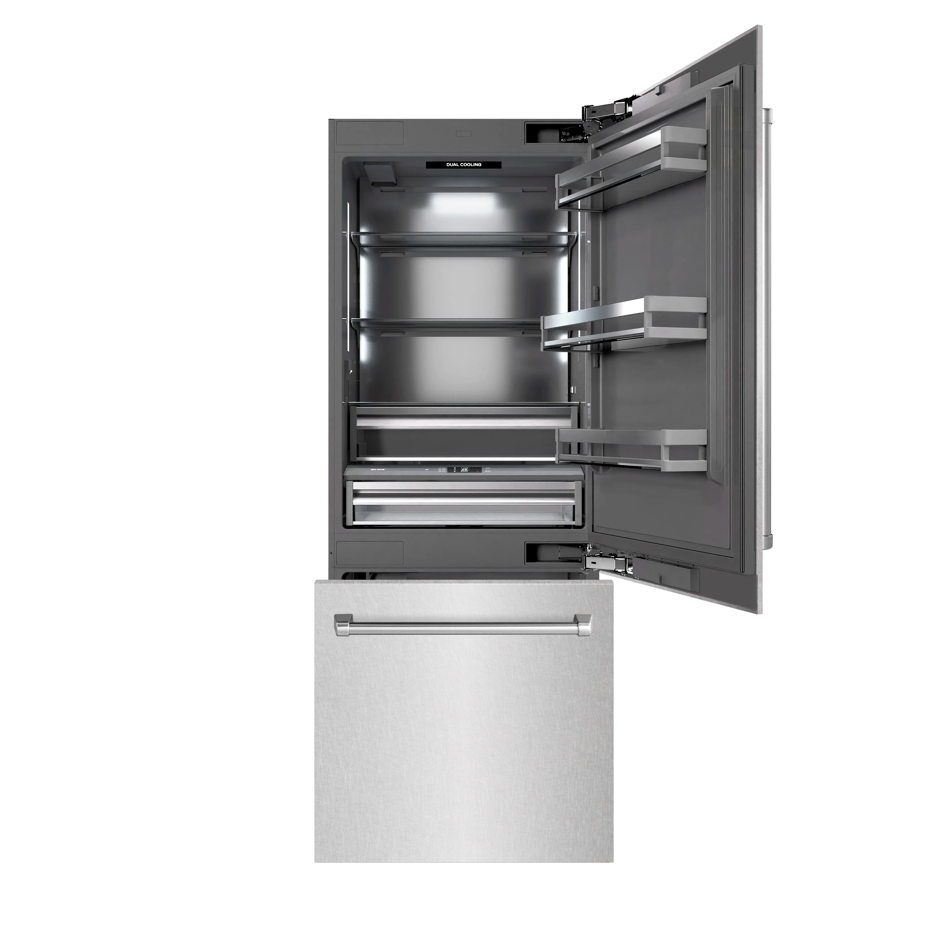 Open refrigerator door with interior compartments, shelves, and drawer