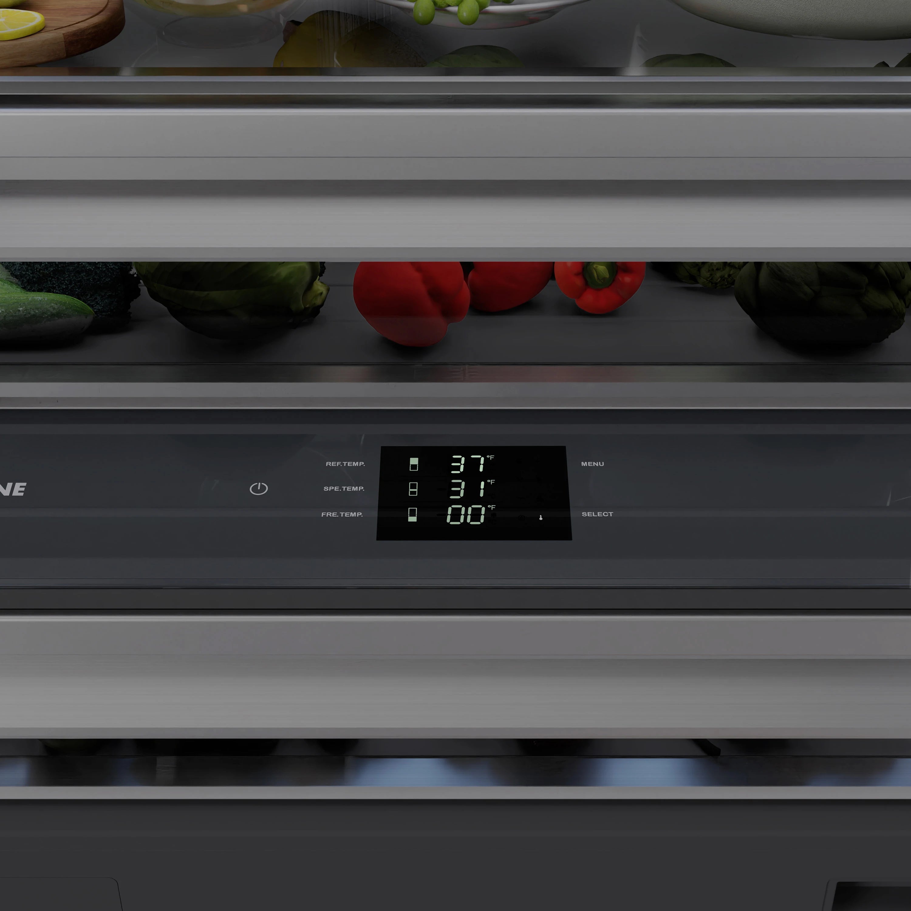 Refrigerator control panel with illuminated display and settings