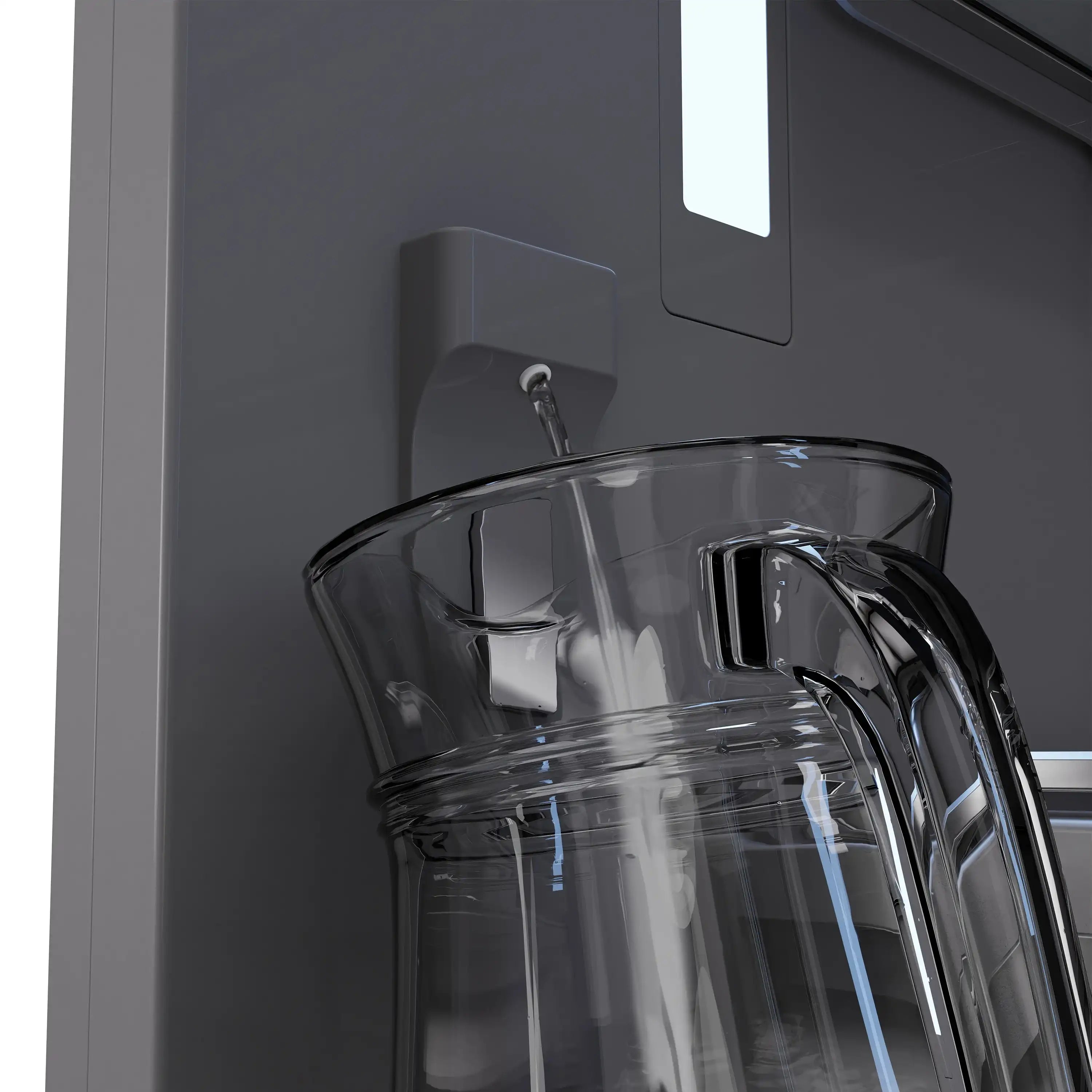 Water dispenser spout with drip area on satin stainless refrigerator door