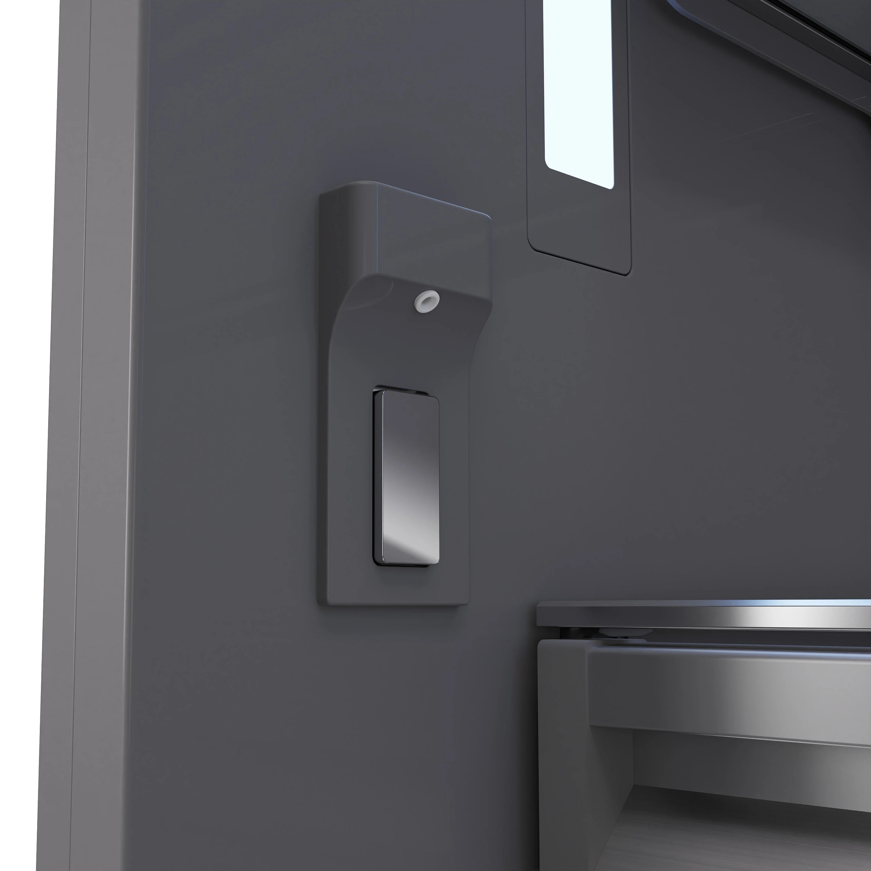 Water dispenser control area and spout on satin stainless refrigerator door