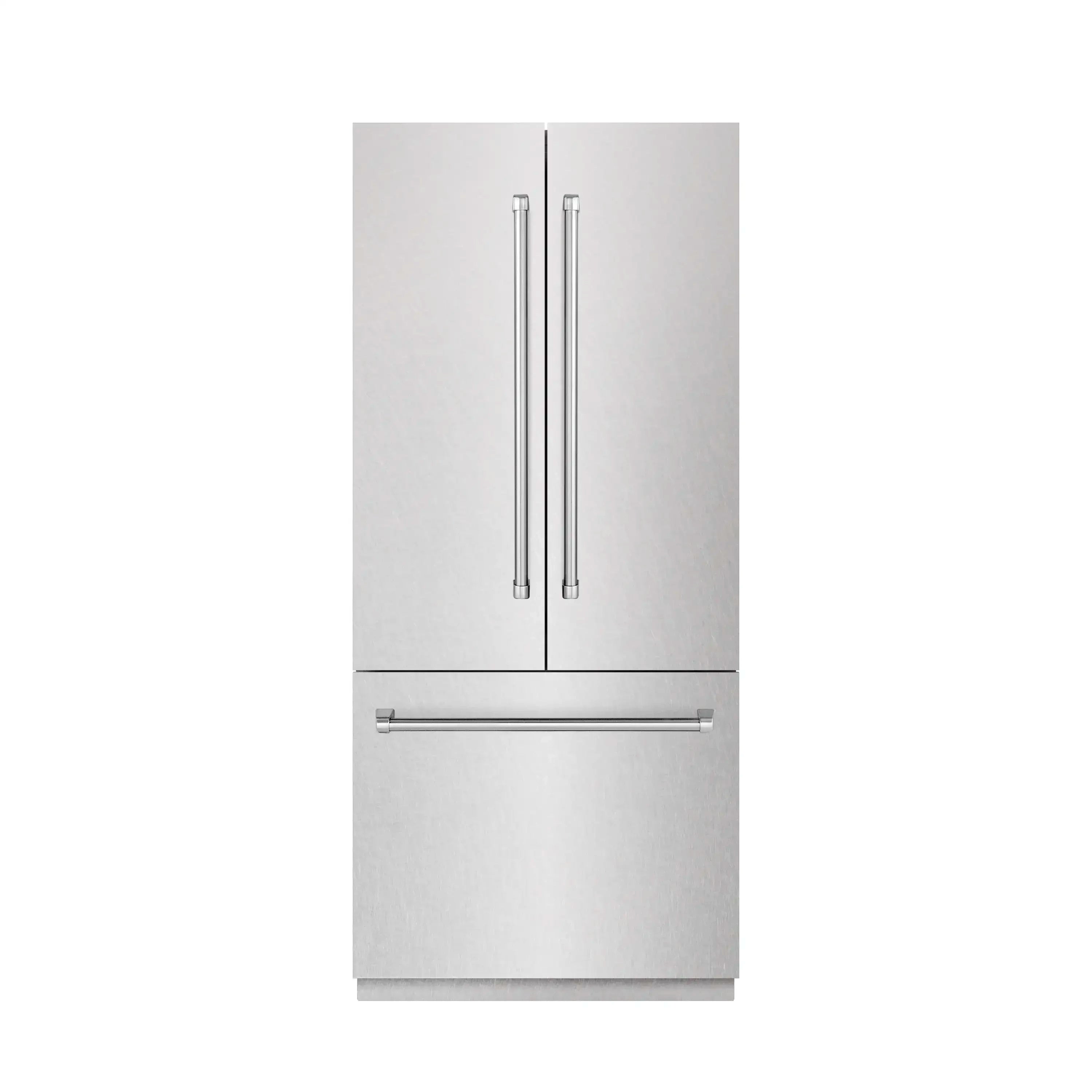 Stainless steel French-door refrigerator with vertical handles and bottom freezer drawer