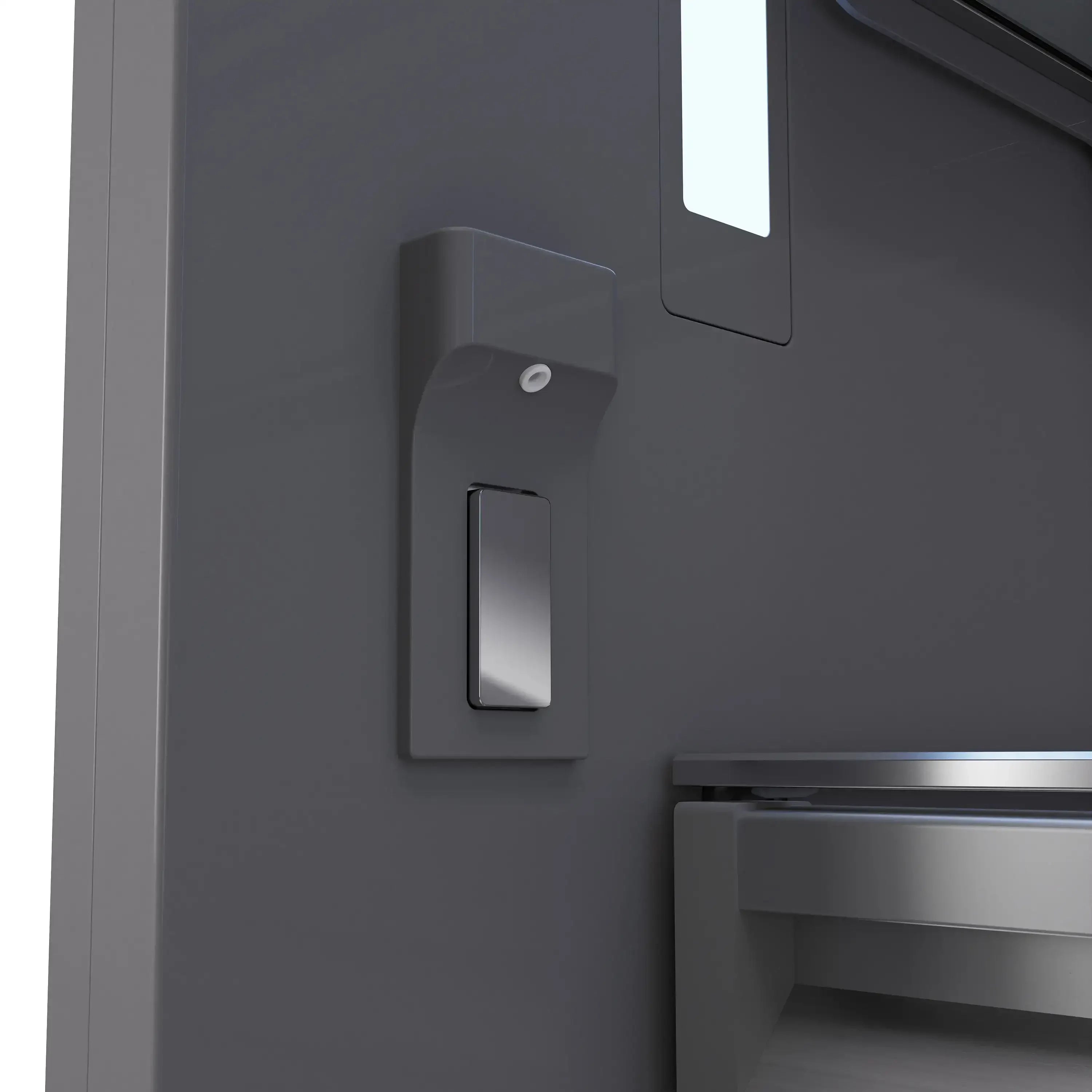 Refrigerator water dispenser nozzle and switch area on satin stainless steel door