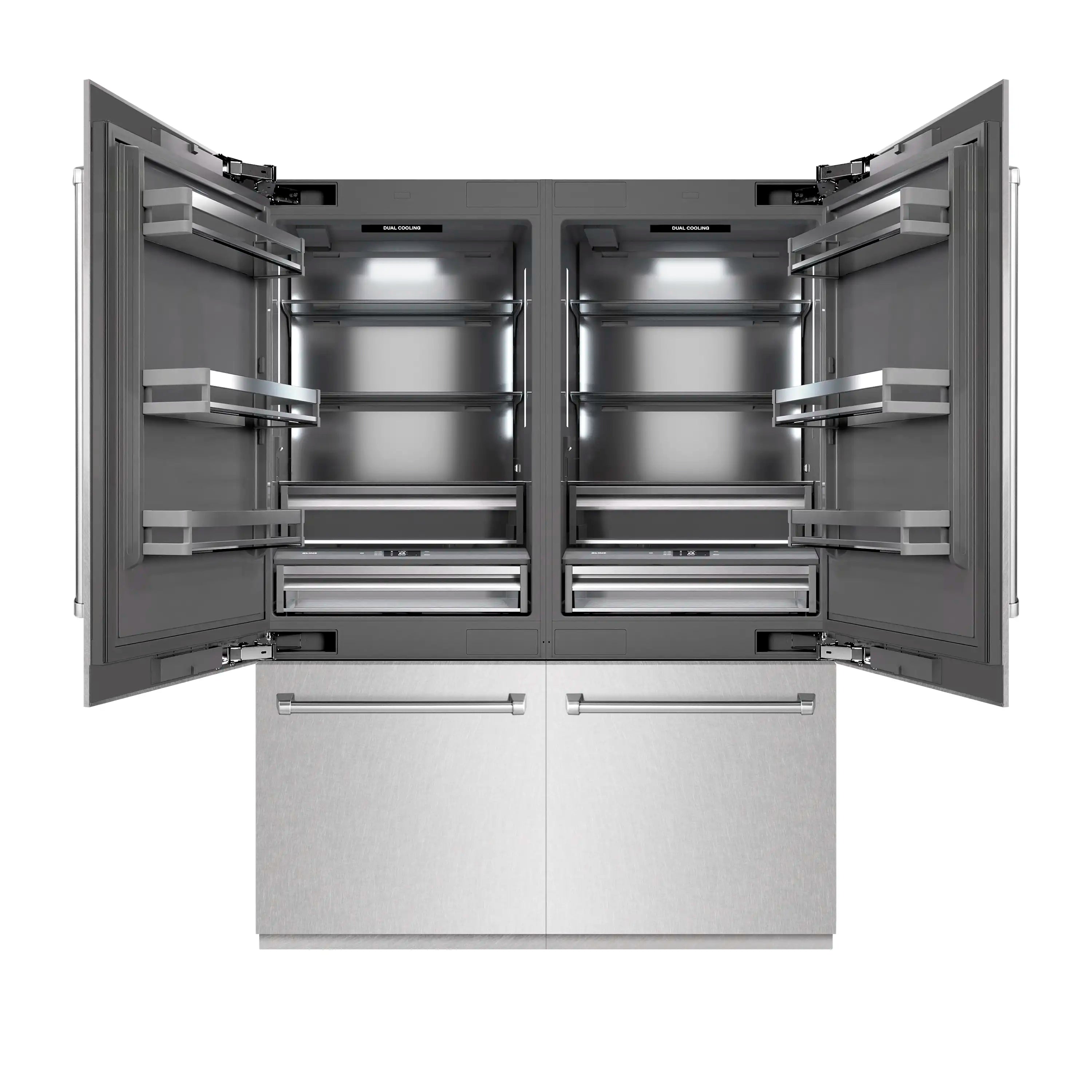 French door refrigerator with upper doors open and interior shelves for storage.