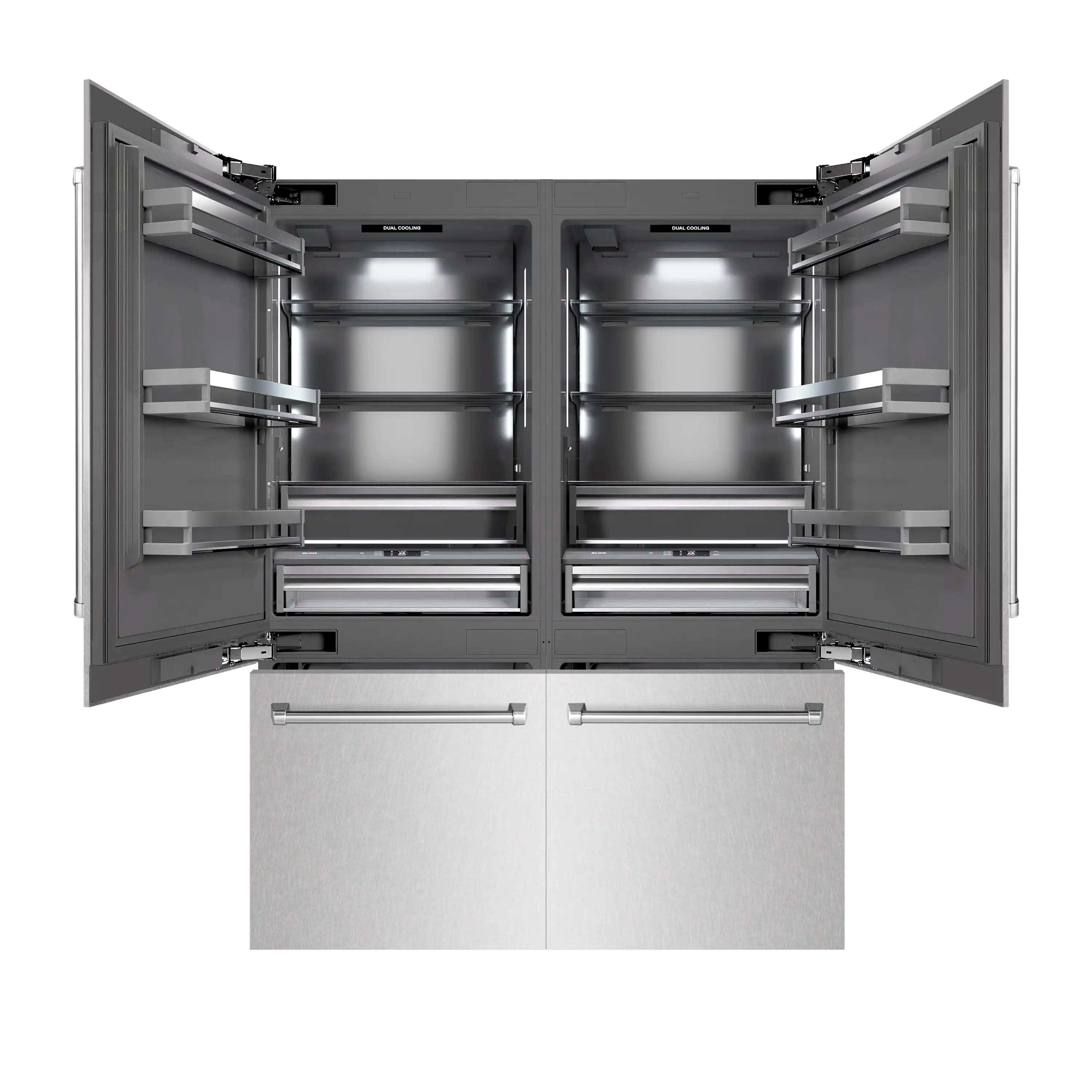 French door refrigerator with doors open, showing compartments and adjustable shelves.