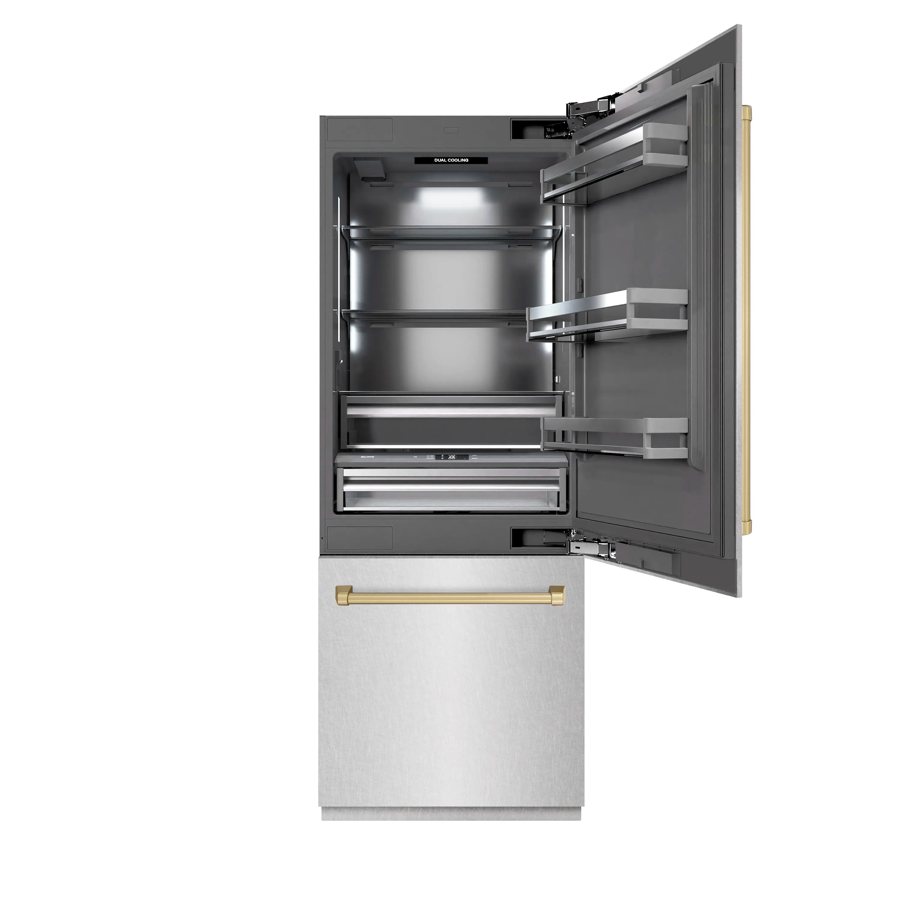 Refrigerator with open door showing adjustable glass shelves and drawers
