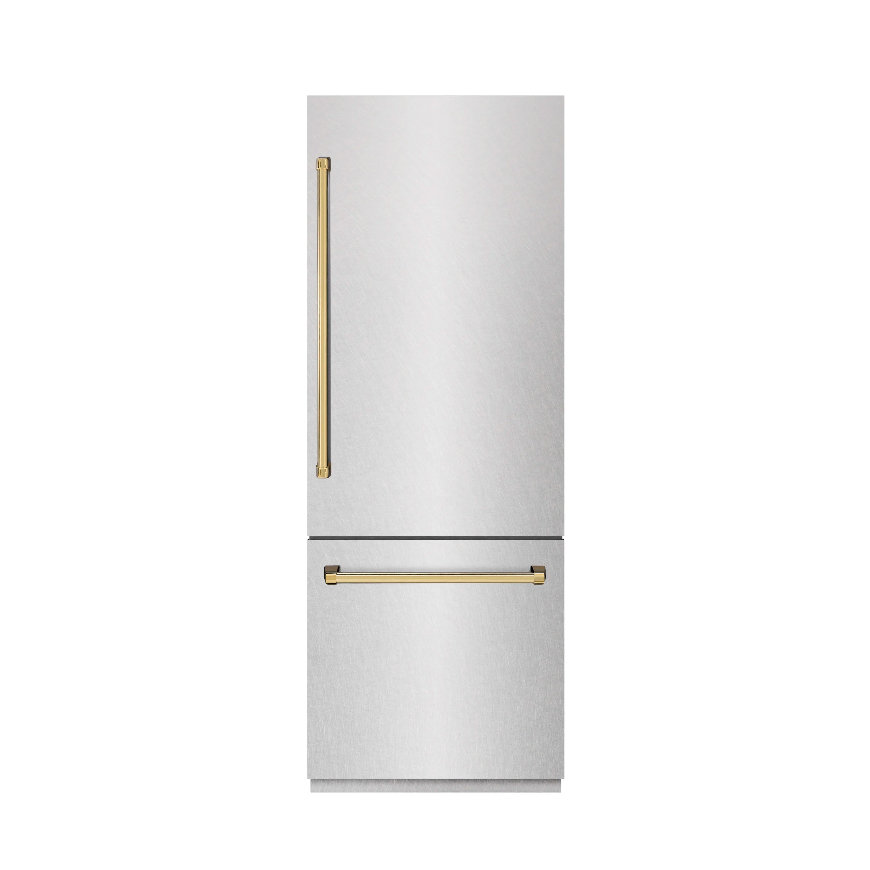 Satin stainless steel built-in refrigerator with polished gold handle bar accents and lower drawer