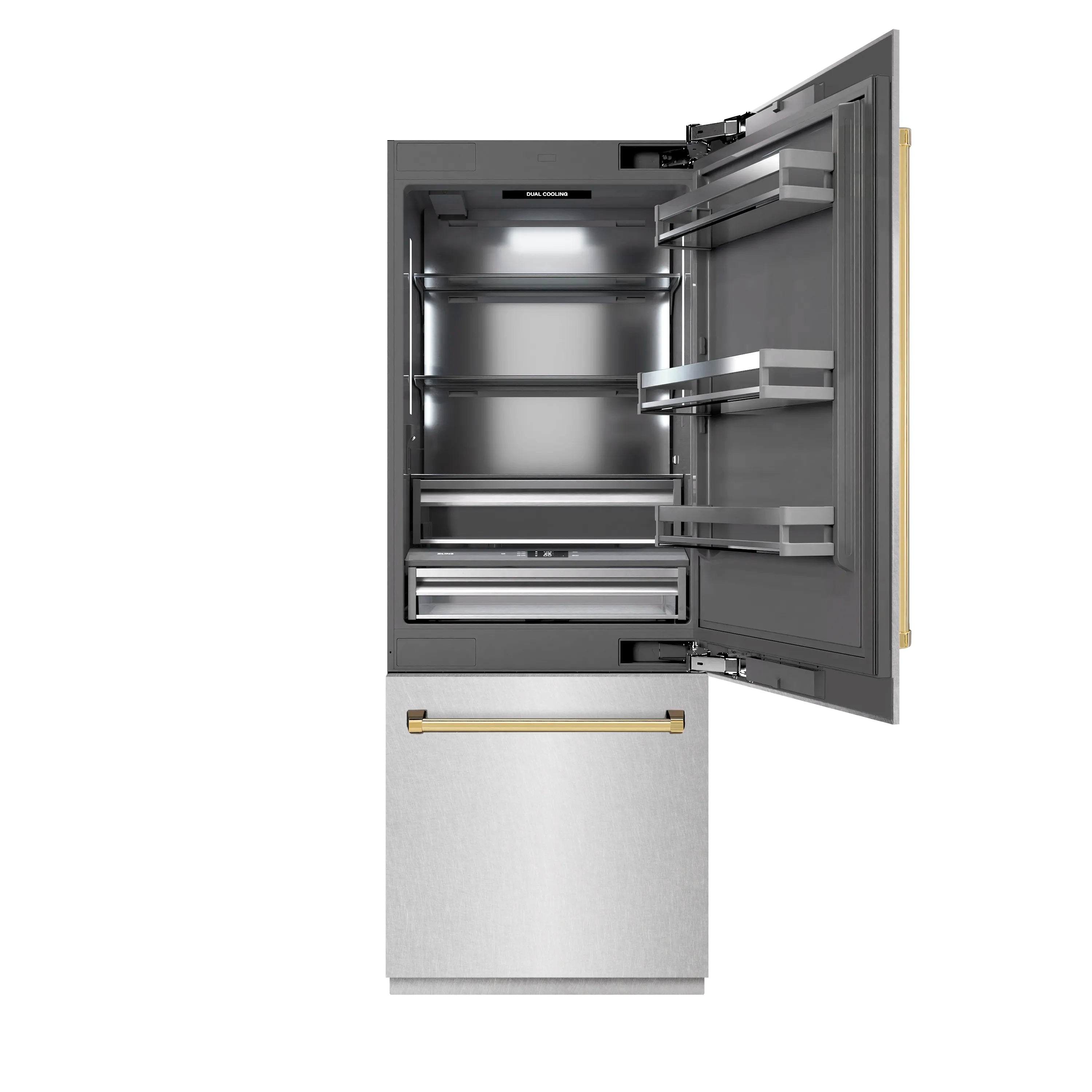 Built-in refrigerator with open freezer door showing shelves, bins, and cold-air compartments