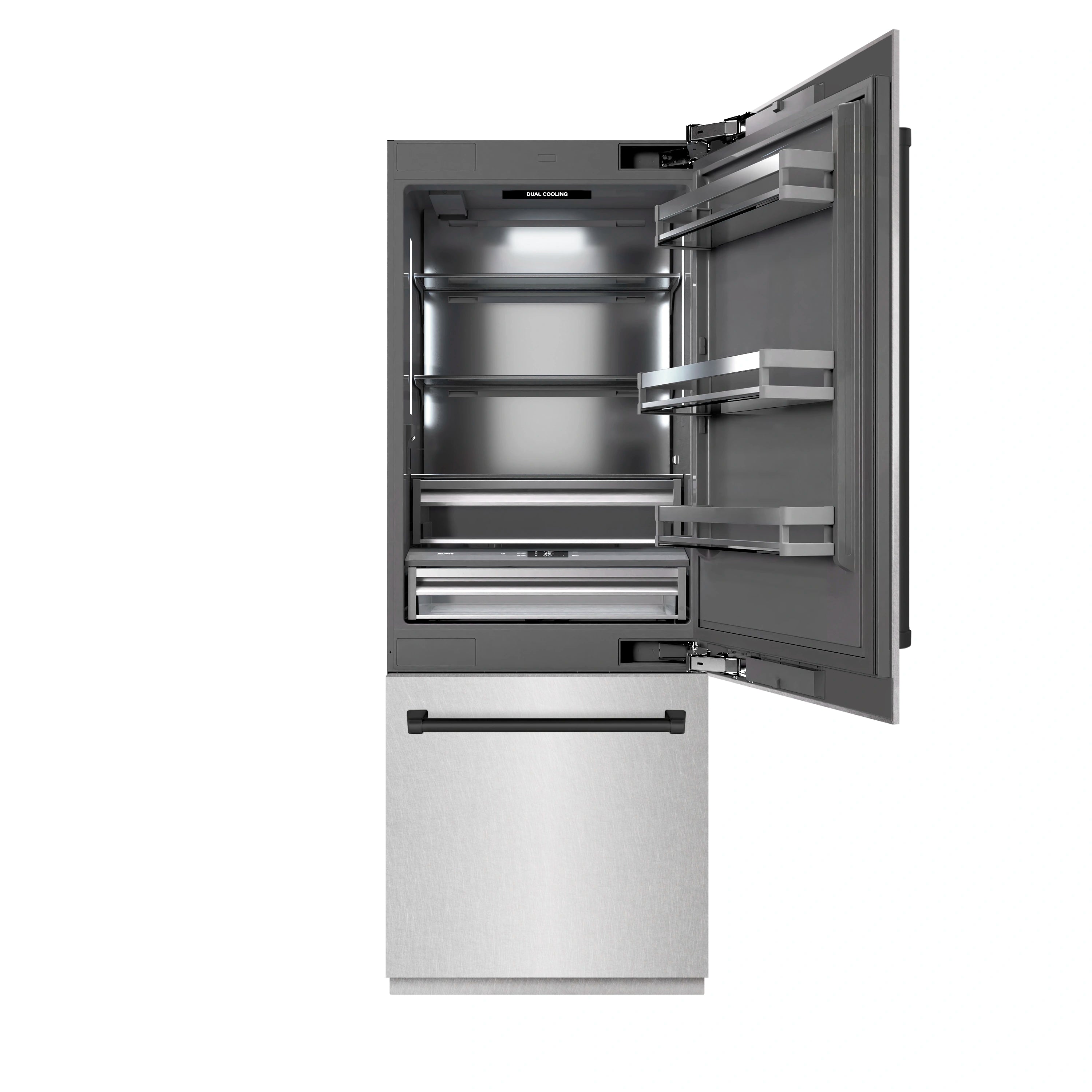 Built-in bottom freezer refrigerator with open door showing glass shelves and drawers.