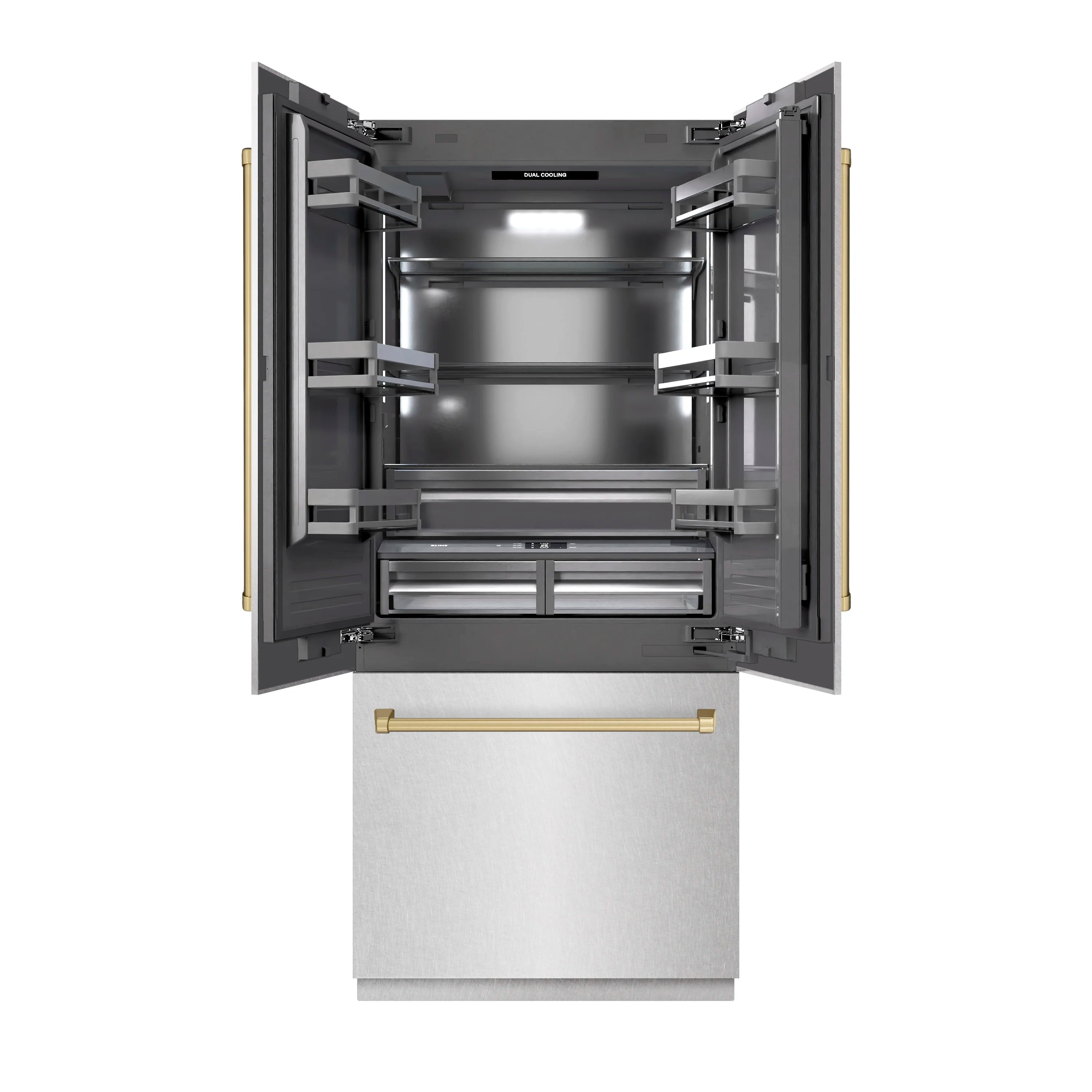 Open French door refrigerator showing graphite gray interior shelves and bottom freezer drawer