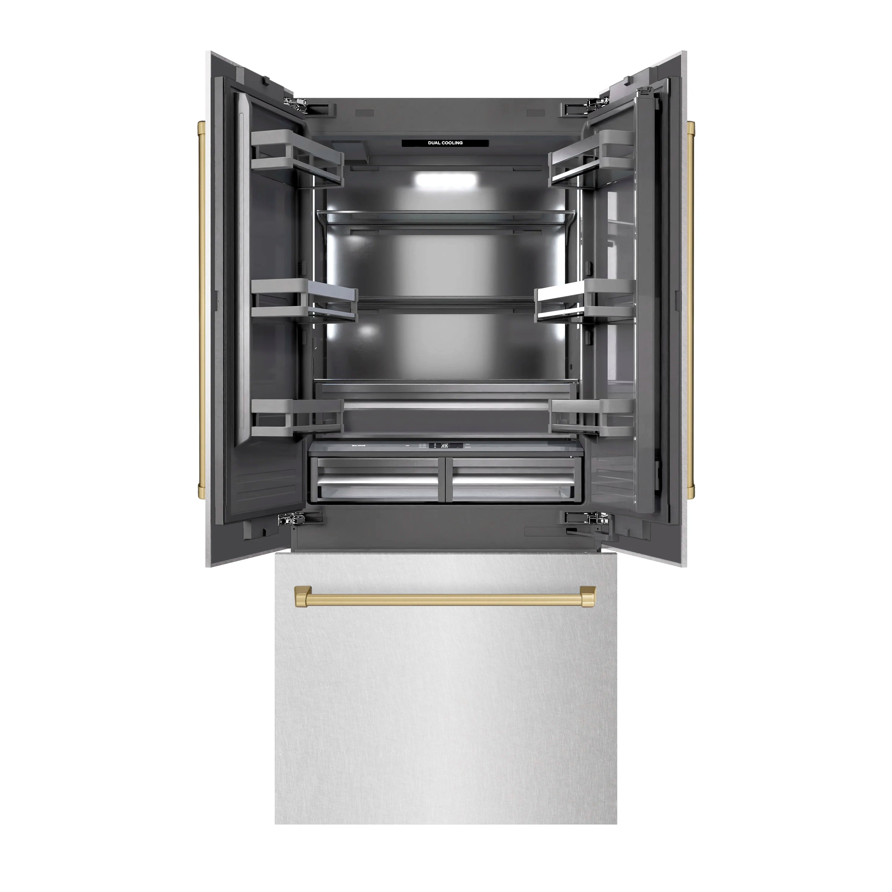 Open refrigerator interior with adjustable shelves, drawers, and LED lighting