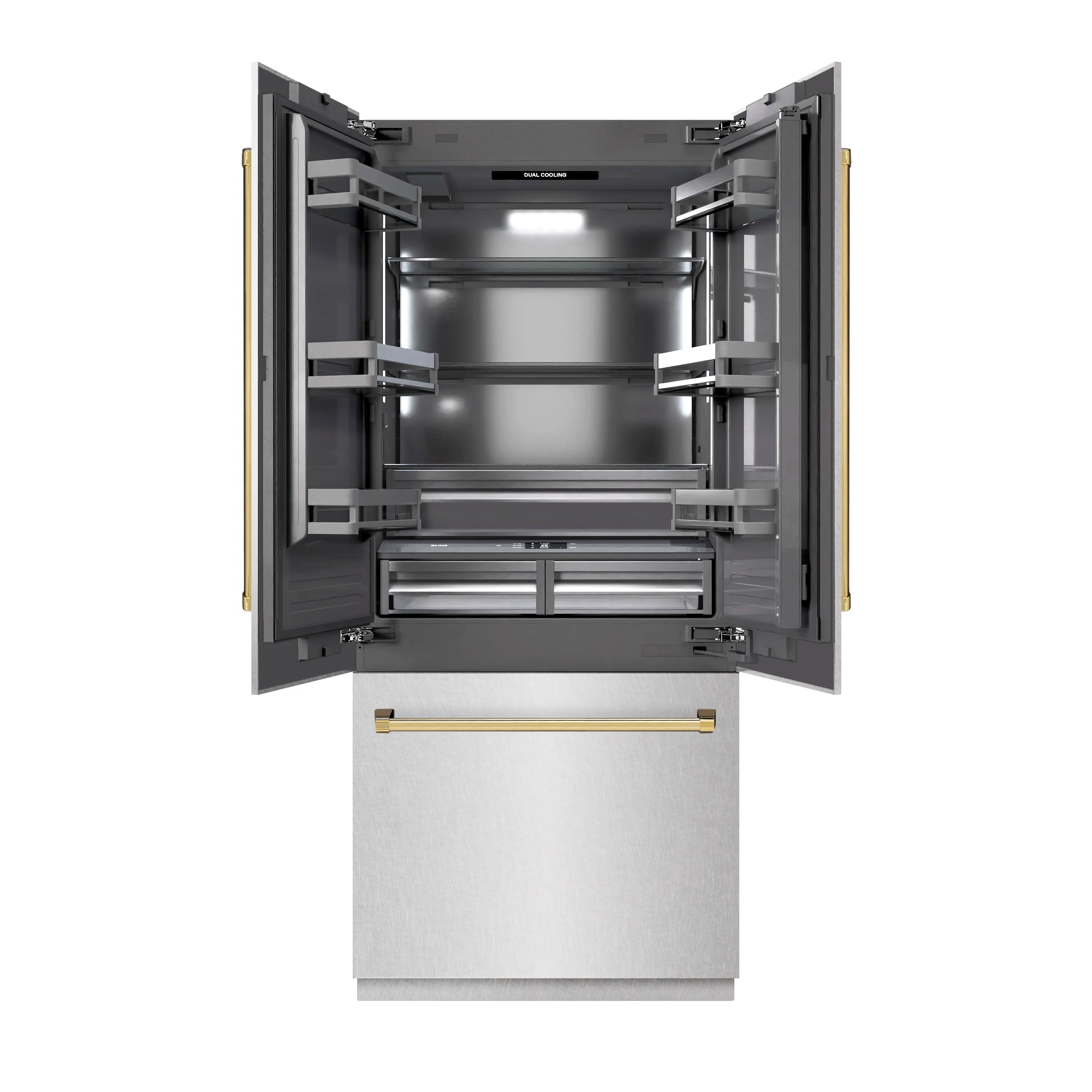Built-in French door refrigerator with open freezer and fridge shelves in gray interior